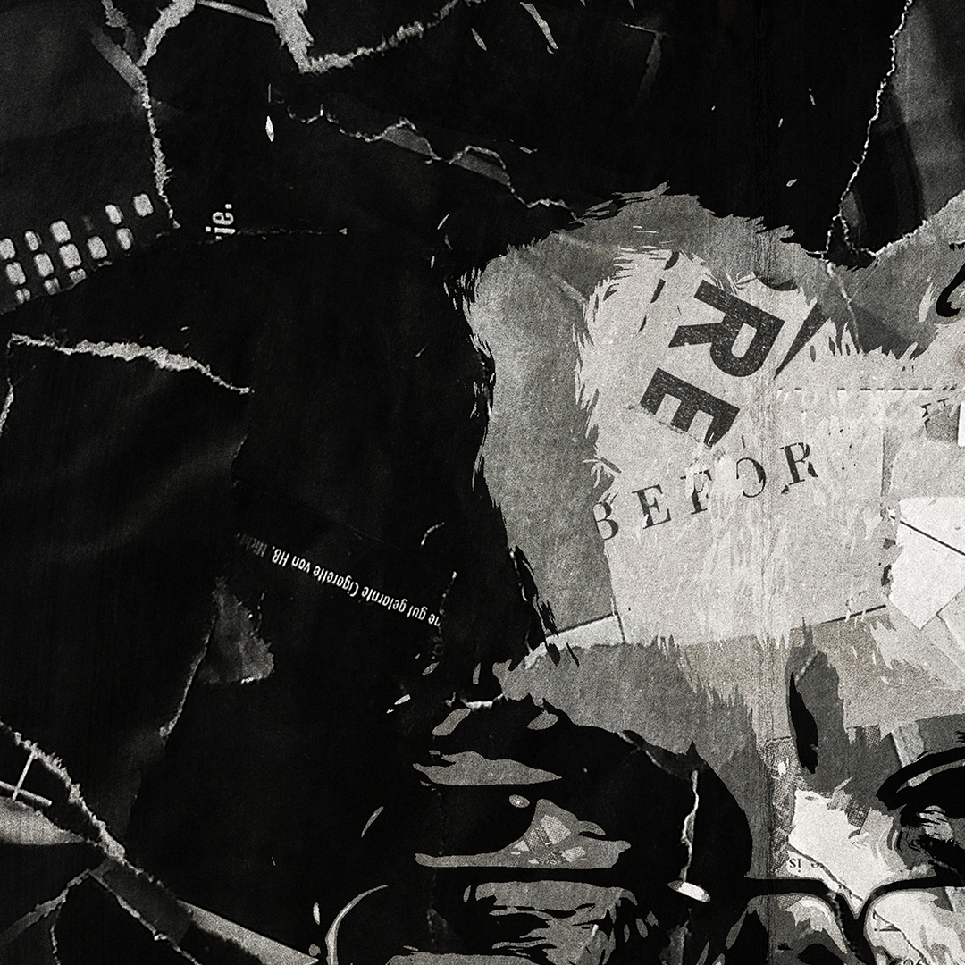 A Tony Wilson poster design - a portrait of Tony made using a collage of torn pieces of magazine pages in black and white.