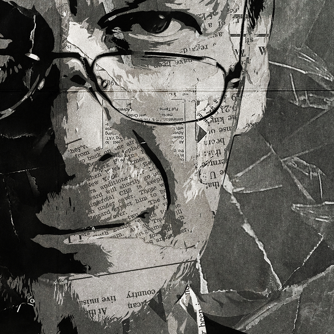 A Tony Wilson poster design - a portrait of Tony made using a collage of torn pieces of magazine pages in black and white.