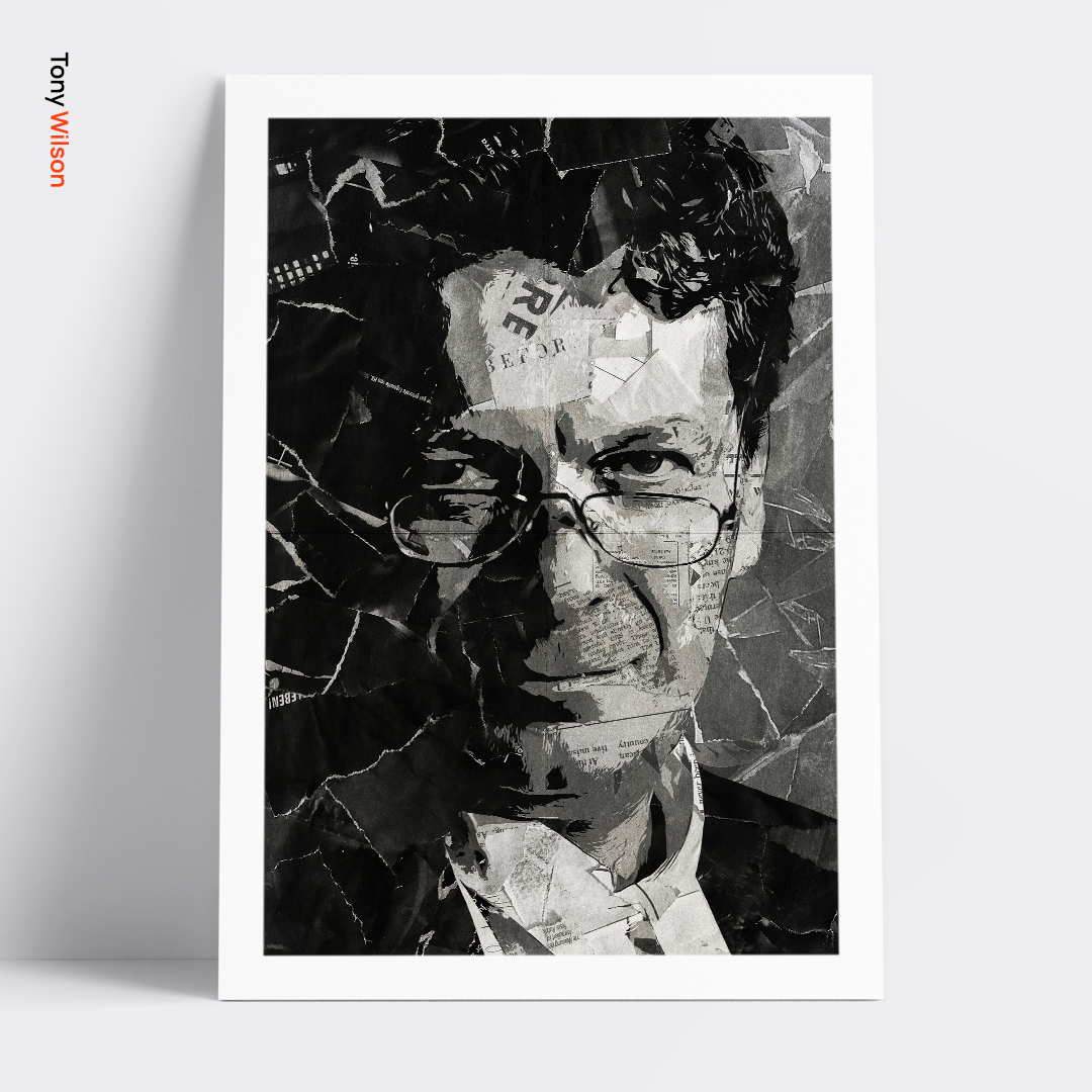 A Tony Wilson poster design - a portrait of Tony made using a collage of torn pieces of magazine pages in black and white.