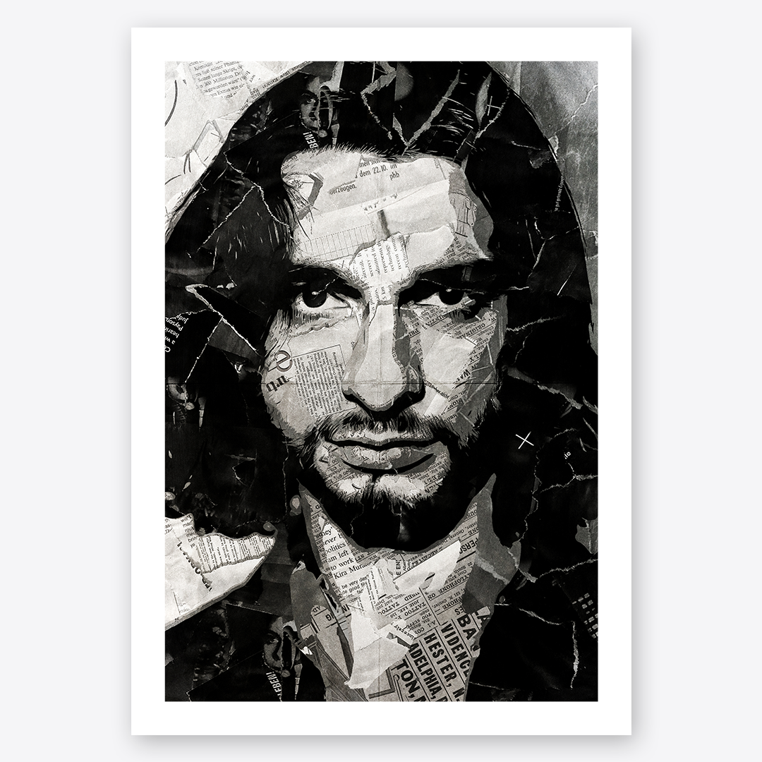 A Dave Gahan / Depeche Mode poster design - a portrait of Dave made using a collage of torn pieces of magazine pages in black and white.