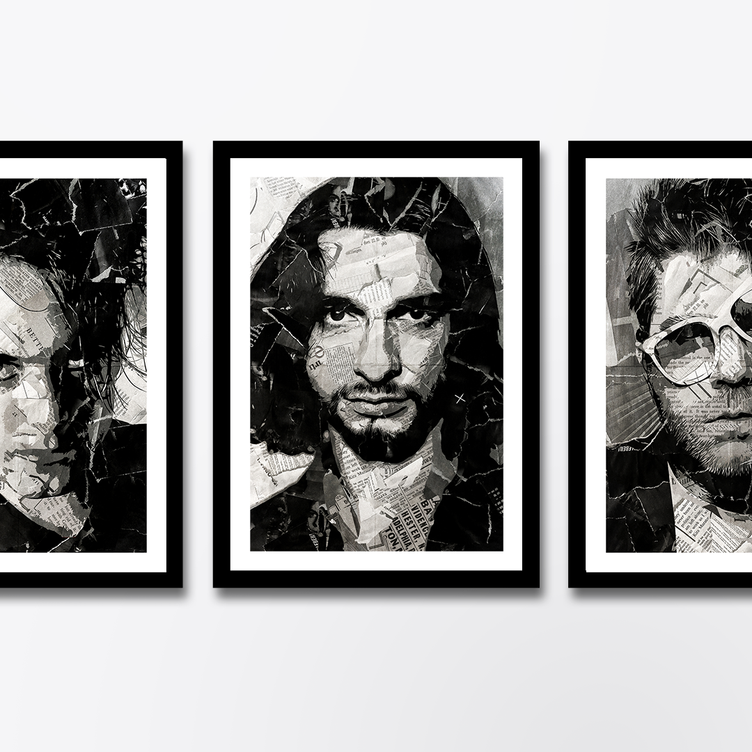 A Dave Gahan / Depeche Mode poster design - a portrait of Dave made using a collage of torn pieces of magazine pages in black and white.