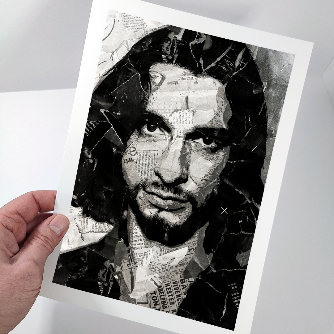 A Dave Gahan / Depeche Mode poster design - a portrait of Dave made using a collage of torn pieces of magazine pages in black and white.