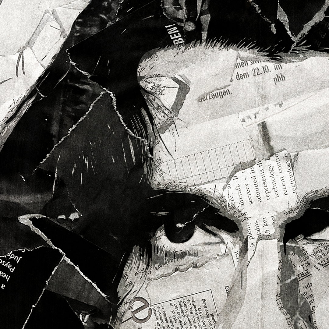 A Dave Gahan / Depeche Mode poster design - a portrait of Dave made using a collage of torn pieces of magazine pages in black and white.