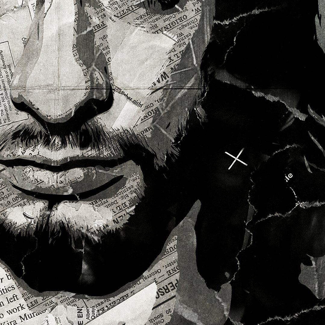 A Dave Gahan / Depeche Mode poster design - a portrait of Dave made using a collage of torn pieces of magazine pages in black and white.