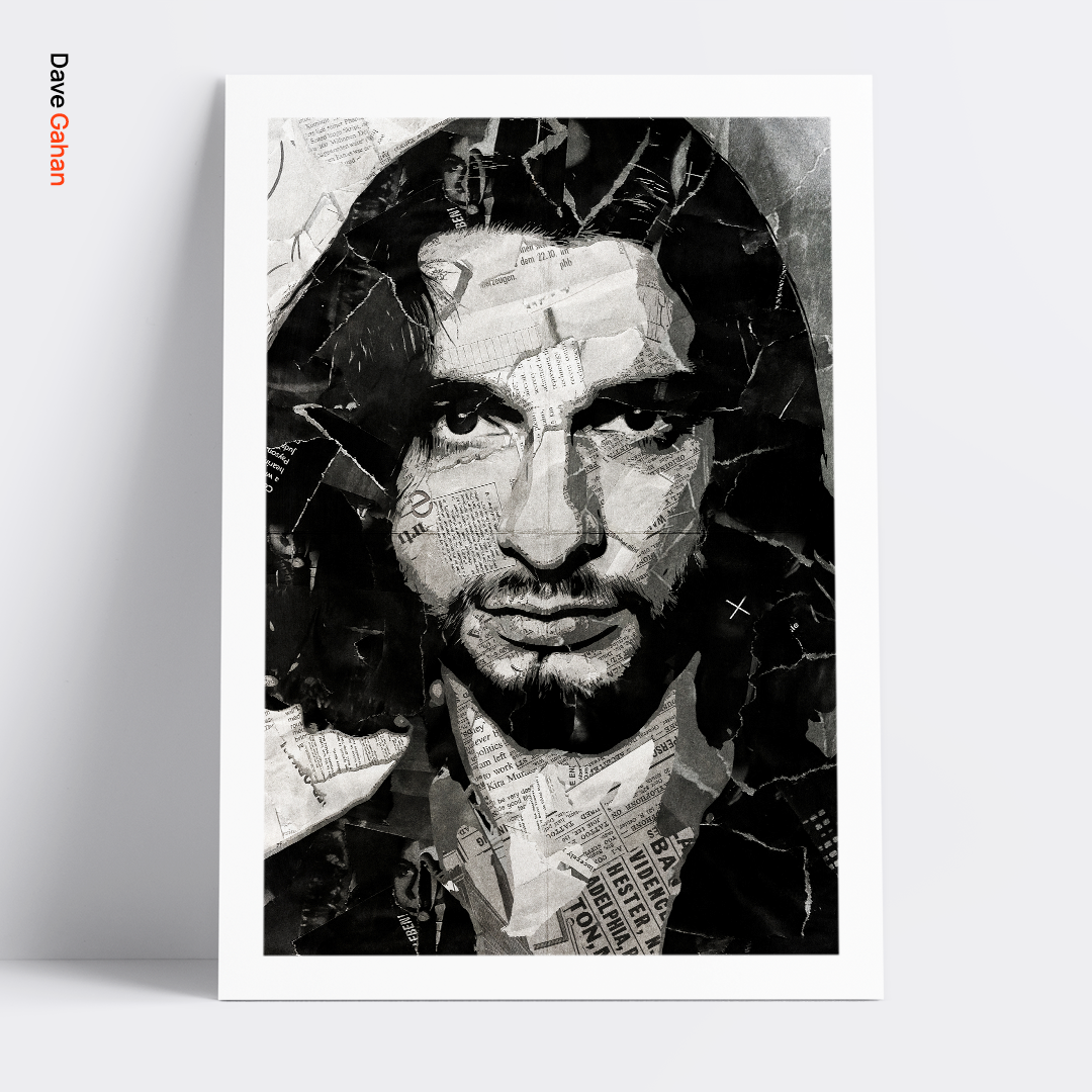 A Dave Gahan / Depeche Mode poster design - a portrait of Dave made using a collage of torn pieces of magazine pages in black and white.