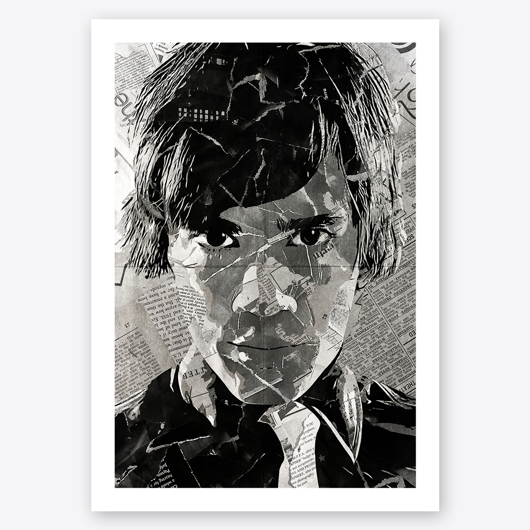 A Pelle Almqvist of The Hives poster design - a portrait of Pelle made using a collage of torn pieces of magazine pages in black and white.
