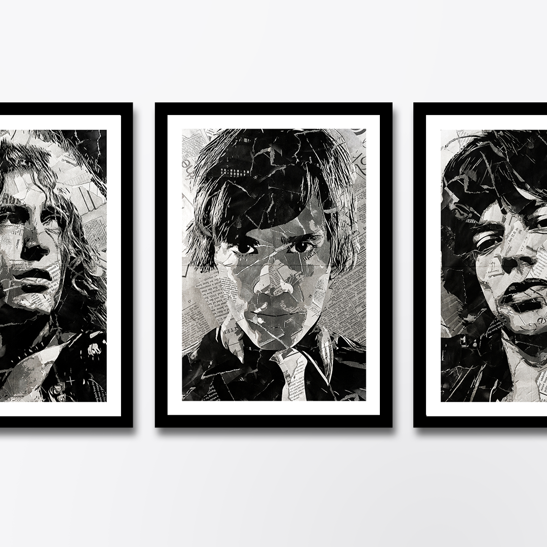 A Pelle Almqvist of The Hives poster design - a portrait of Pelle made using a collage of torn pieces of magazine pages in black and white.