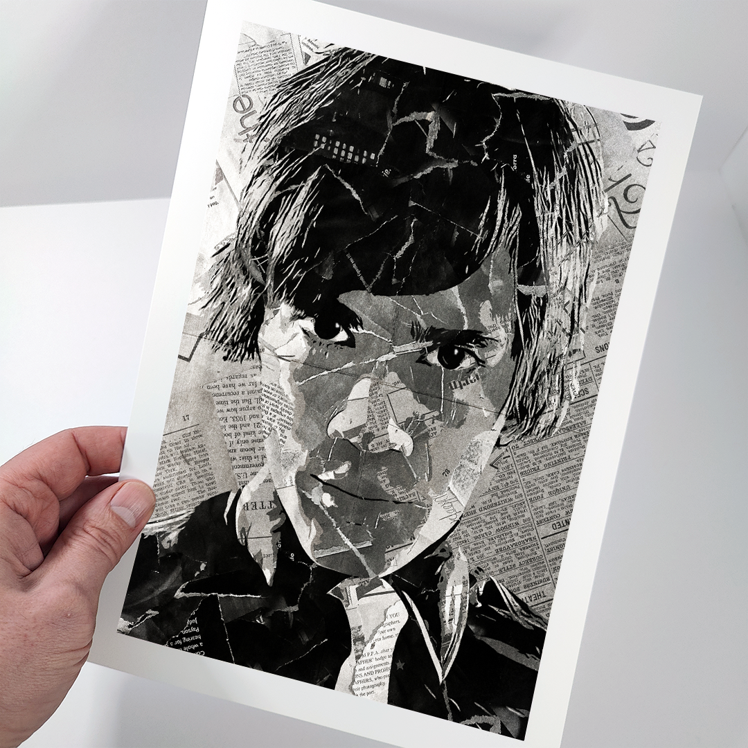 A Pelle Almqvist of The Hives poster design - a portrait of Pelle made using a collage of torn pieces of magazine pages in black and white.