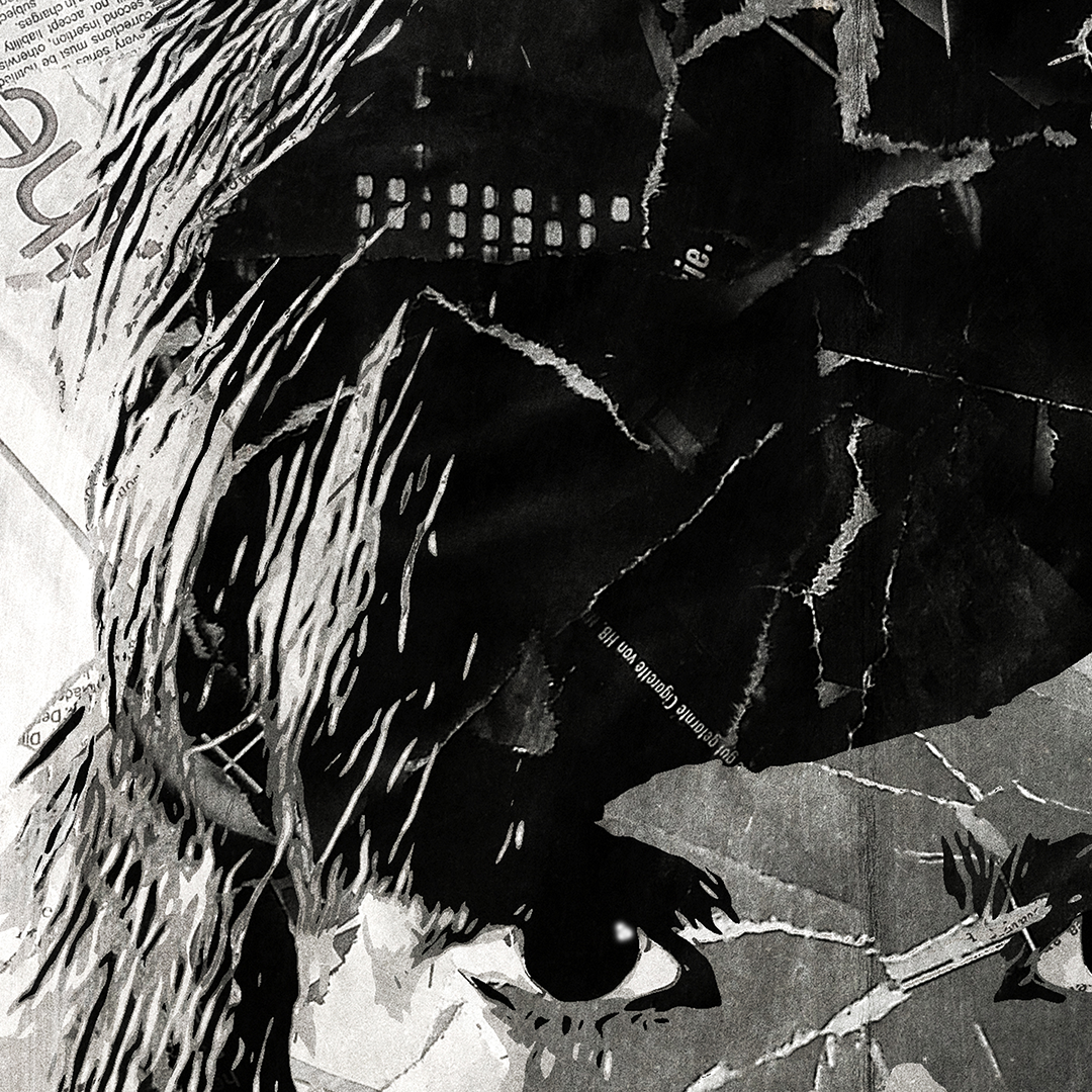 A Pelle Almqvist of The Hives poster design - a portrait of Pelle made using a collage of torn pieces of magazine pages in black and white.