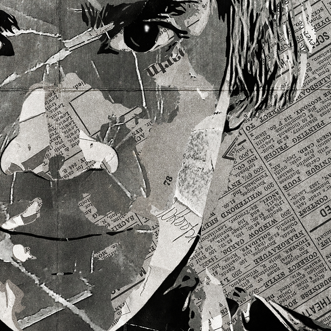 A Pelle Almqvist of The Hives poster design - a portrait of Pelle made using a collage of torn pieces of magazine pages in black and white.