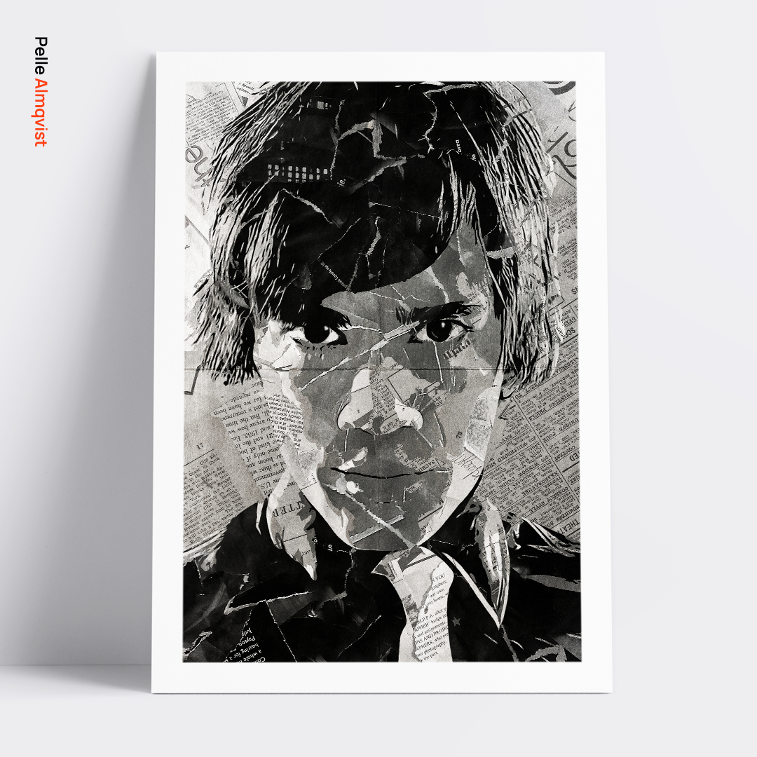 A Pelle Almqvist of The Hives poster design - a portrait of Pelle made using a collage of torn pieces of magazine pages in black and white.