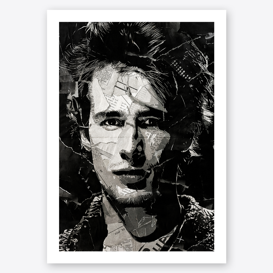 A Jeff Buckley poster design - a portrait of Jeff made using a collage of torn pieces of magazine pages in black and white.
