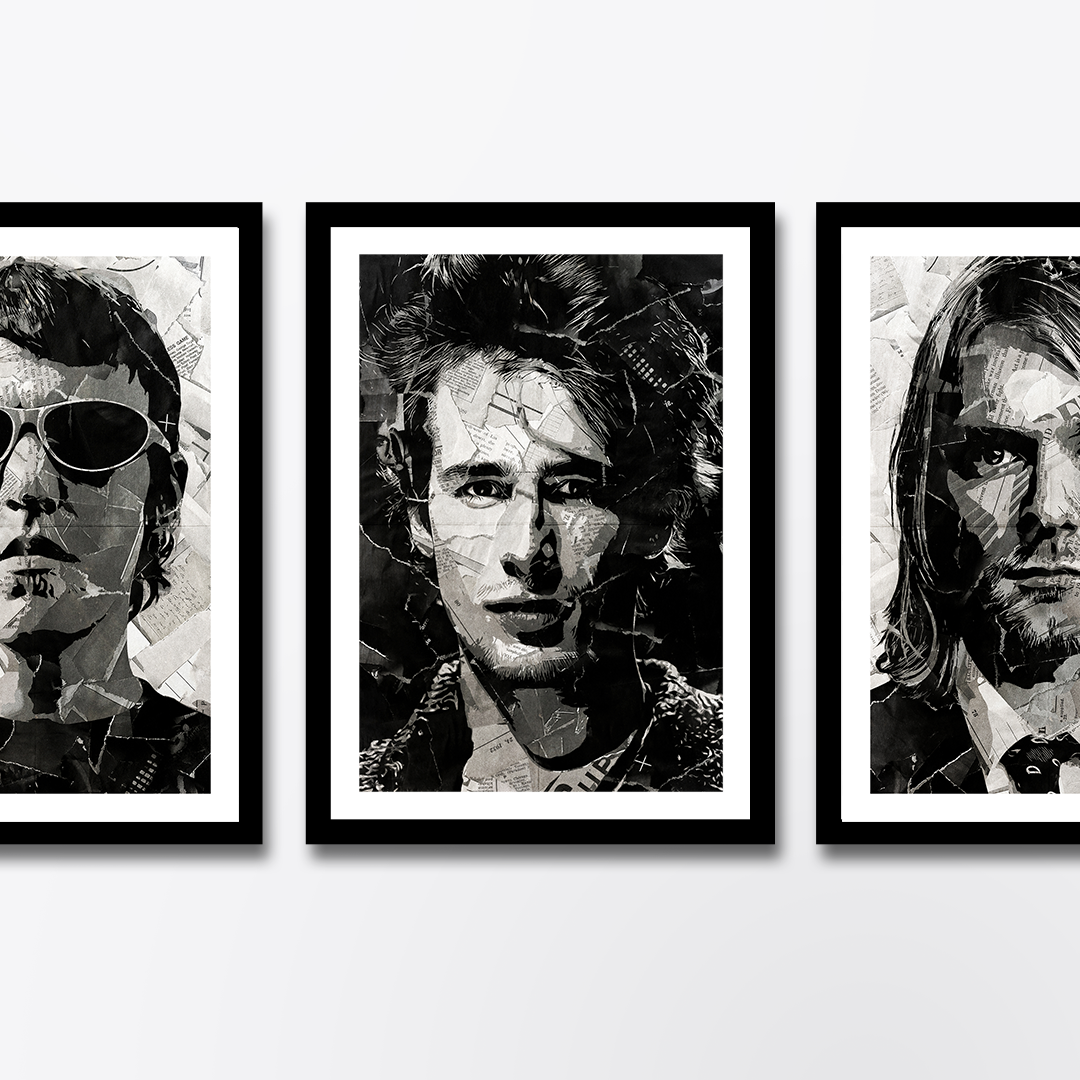 A Jeff Buckley poster design - a portrait of Jeff made using a collage of torn pieces of magazine pages in black and white.