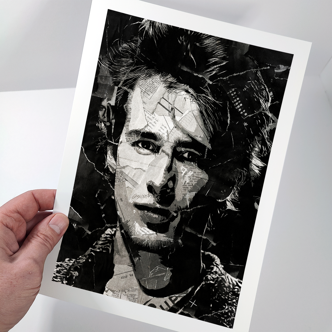 A Jeff Buckley poster design - a portrait of Jeff made using a collage of torn pieces of magazine pages in black and white.