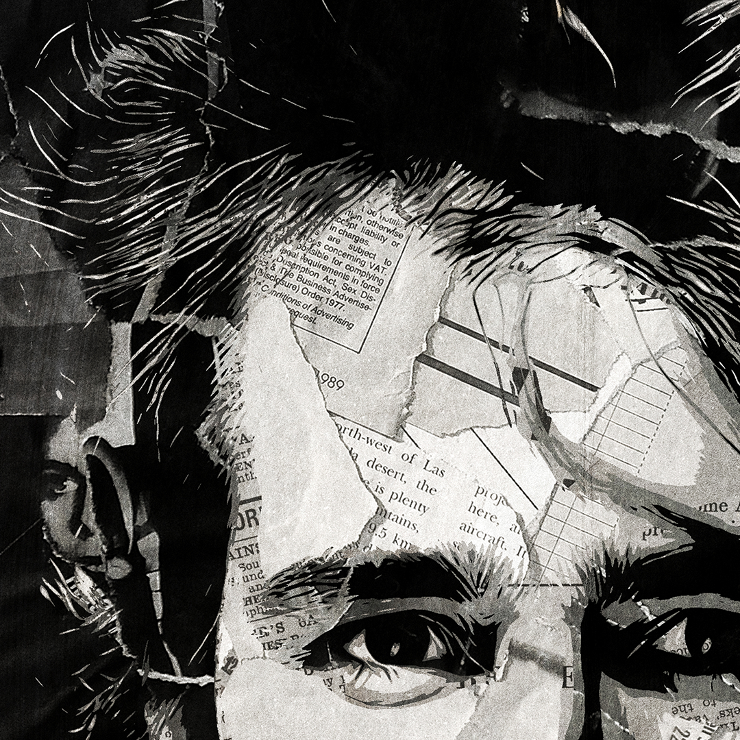 A Jeff Buckley poster design - a portrait of Jeff made using a collage of torn pieces of magazine pages in black and white.