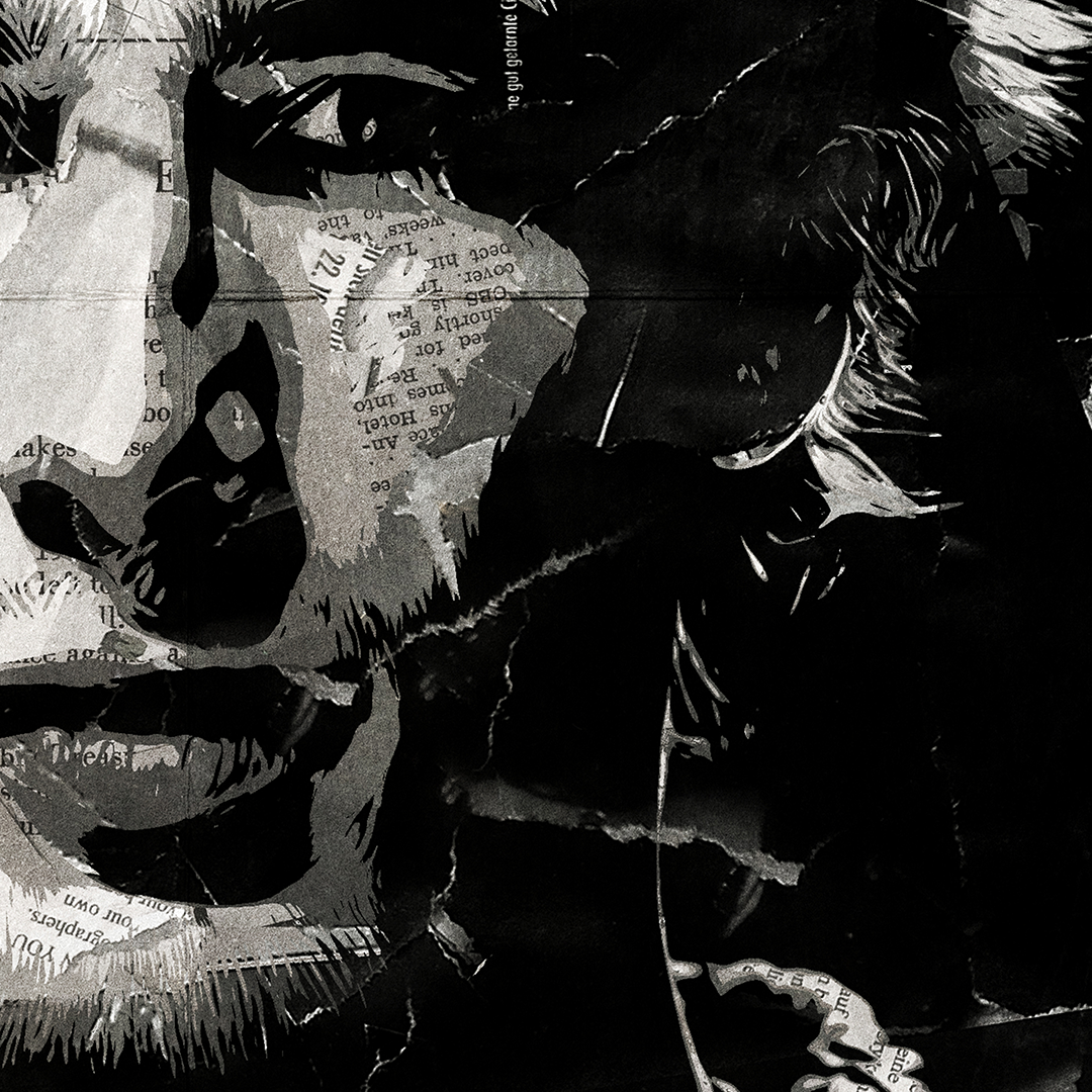 A Jeff Buckley poster design - a portrait of Jeff made using a collage of torn pieces of magazine pages in black and white.