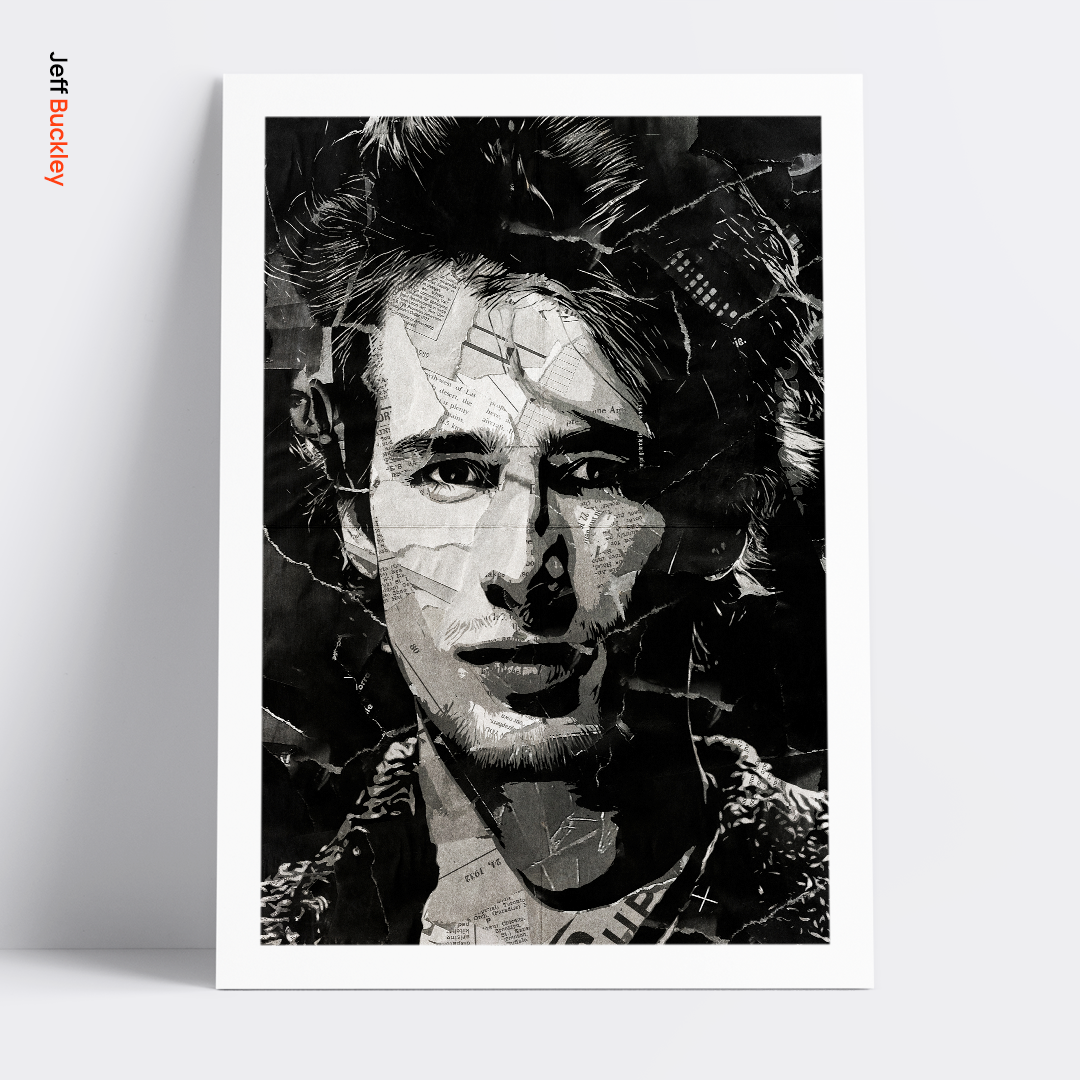 A Jeff Buckley poster design - a portrait of Jeff made using a collage of torn pieces of magazine pages in black and white.