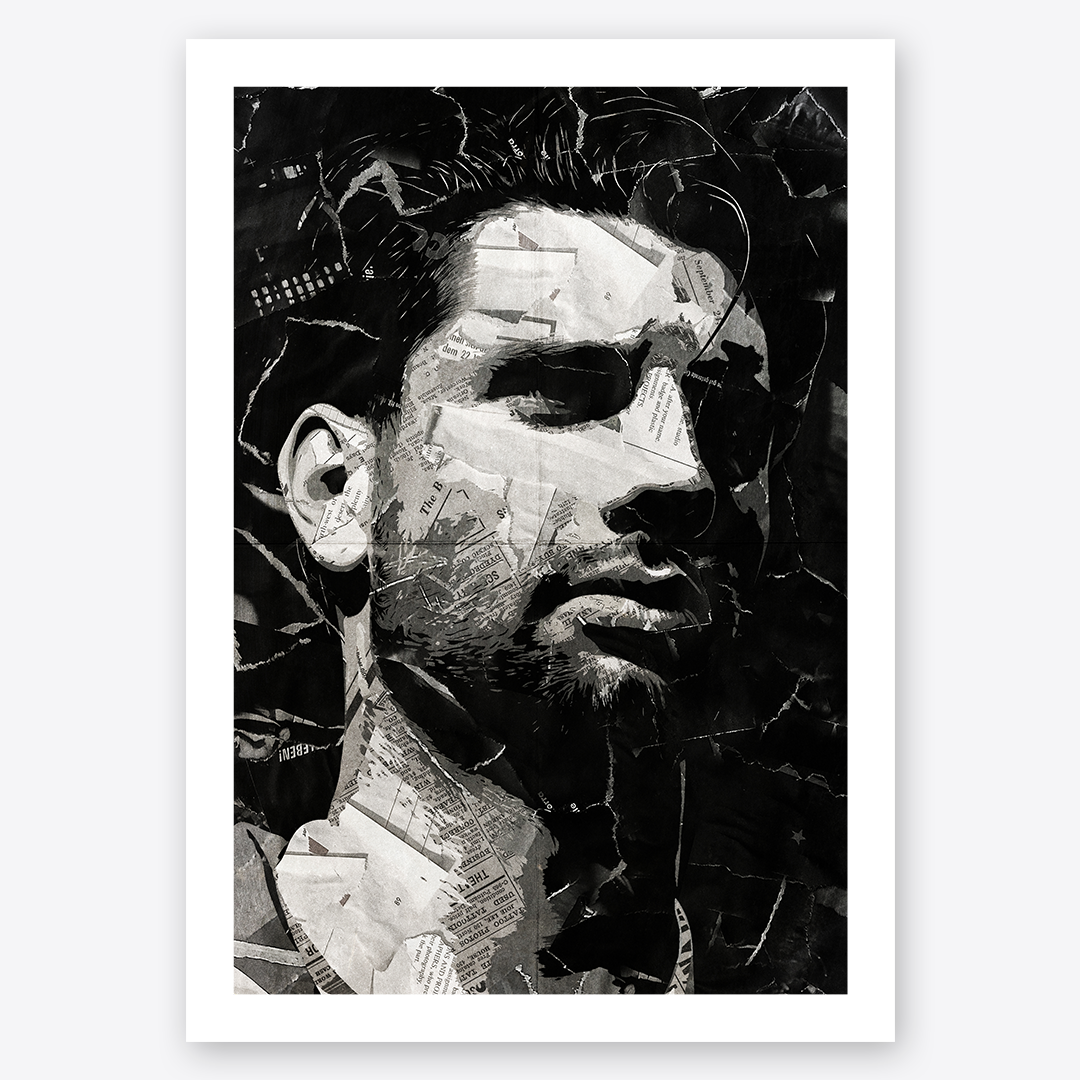 A Dominik Szoboszlai poster design - a portrait of Dominik made using a collage of torn pieces of magazine pages in black and white.