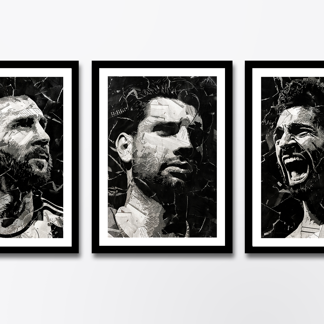 A Dominik Szoboszlai poster design - a portrait of Dominik made using a collage of torn pieces of magazine pages in black and white.