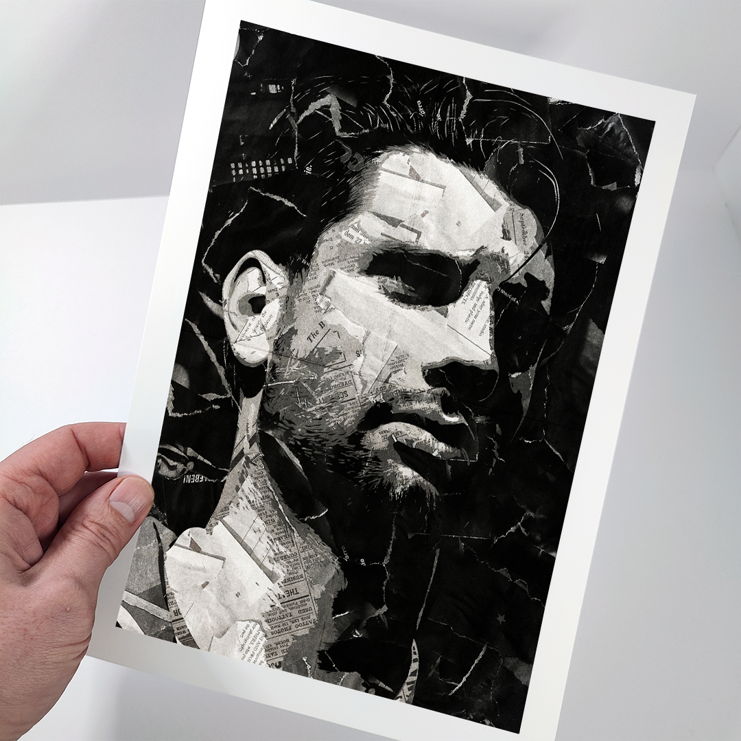 A Dominik Szoboszlai poster design - a portrait of Dominik made using a collage of torn pieces of magazine pages in black and white.