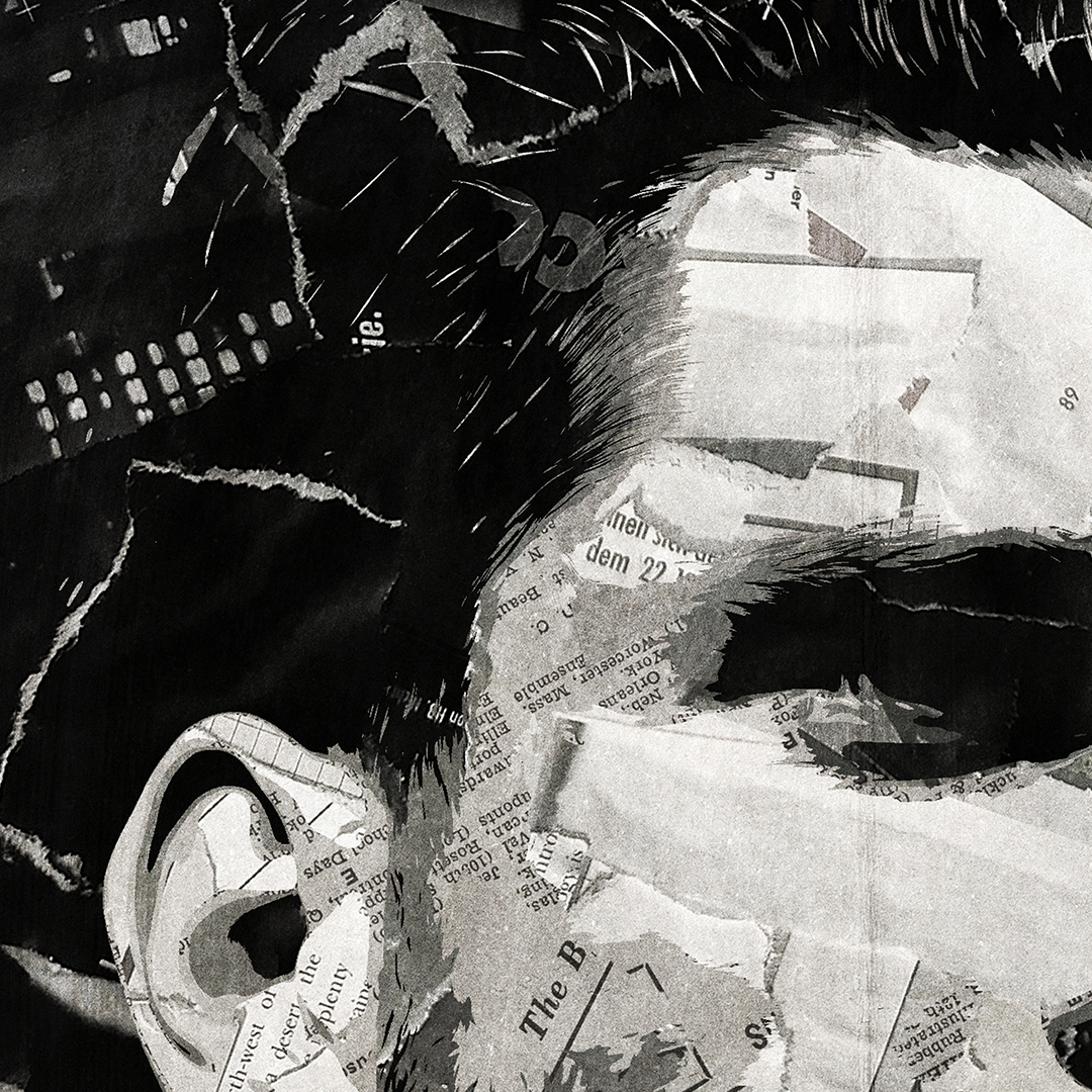 A Dominik Szoboszlai poster design - a portrait of Dominik made using a collage of torn pieces of magazine pages in black and white.