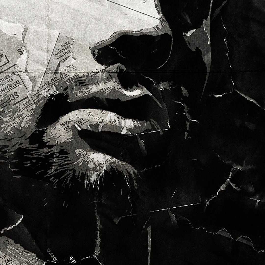 A Dominik Szoboszlai poster design - a portrait of Dominik made using a collage of torn pieces of magazine pages in black and white.