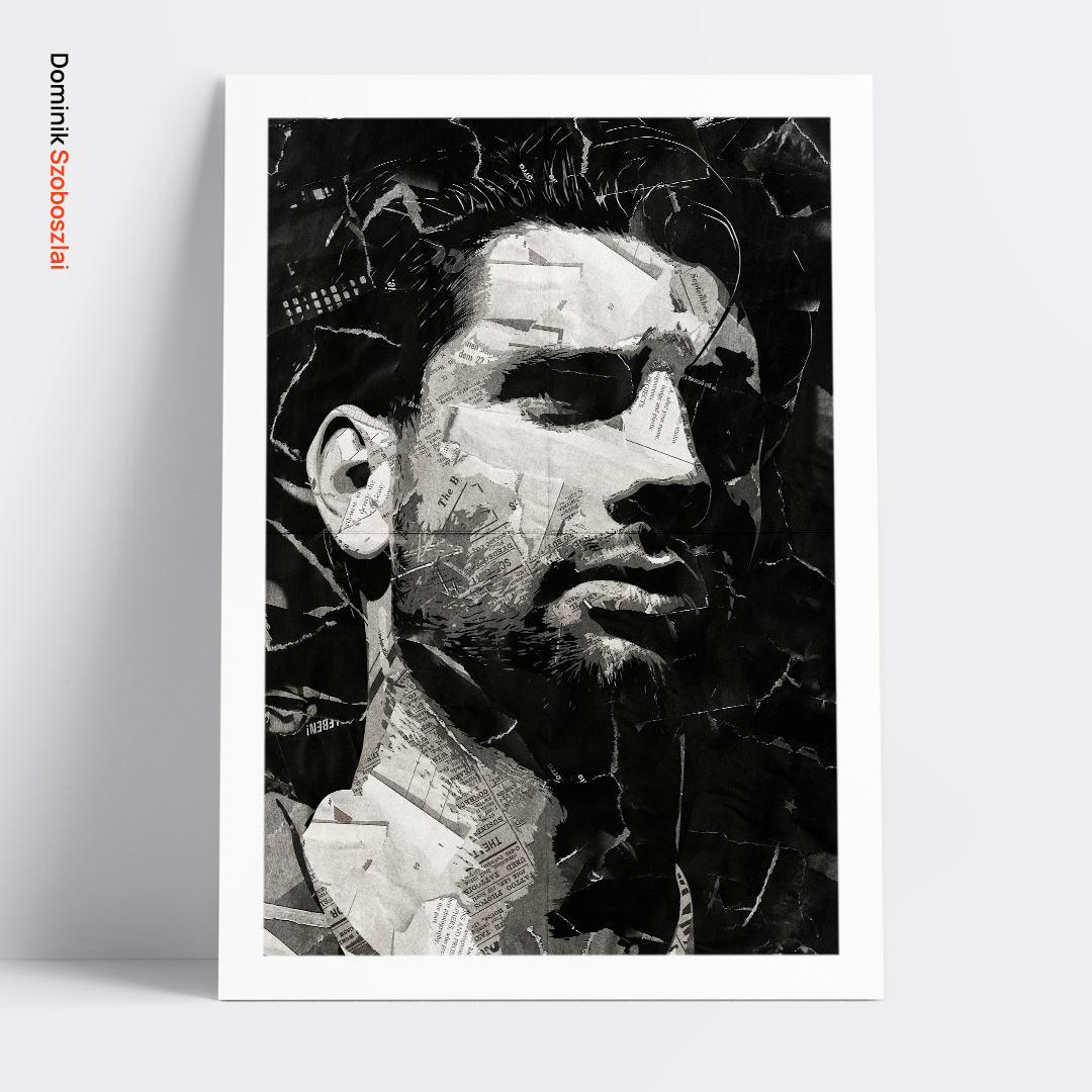 A Dominik Szoboszlai poster design - a portrait of Dominik made using a collage of torn pieces of magazine pages in black and white.