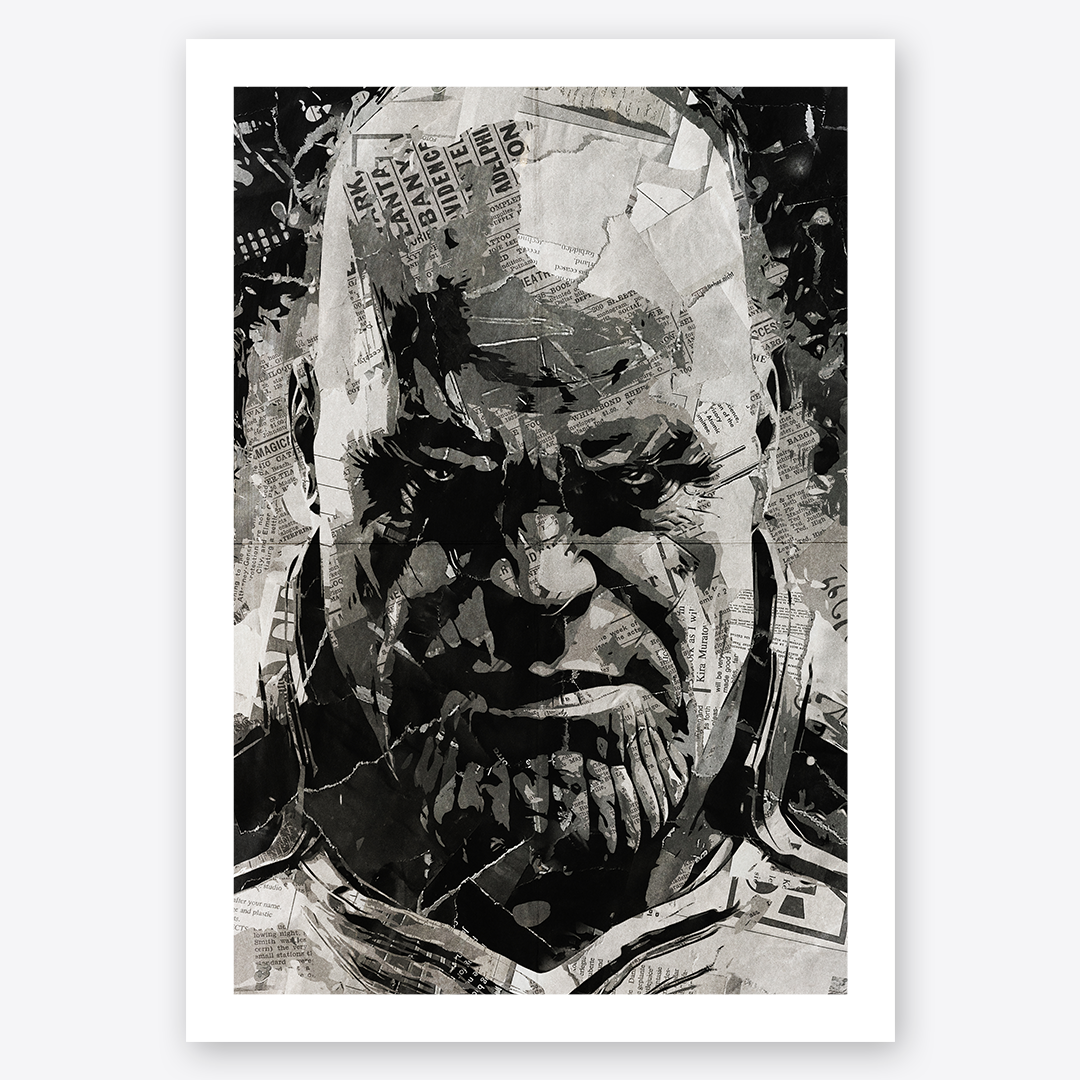 A Thanos / Josh Brolin poster design - a portrait of Thanos made using a collage of torn pieces of magazine pages in black and white.