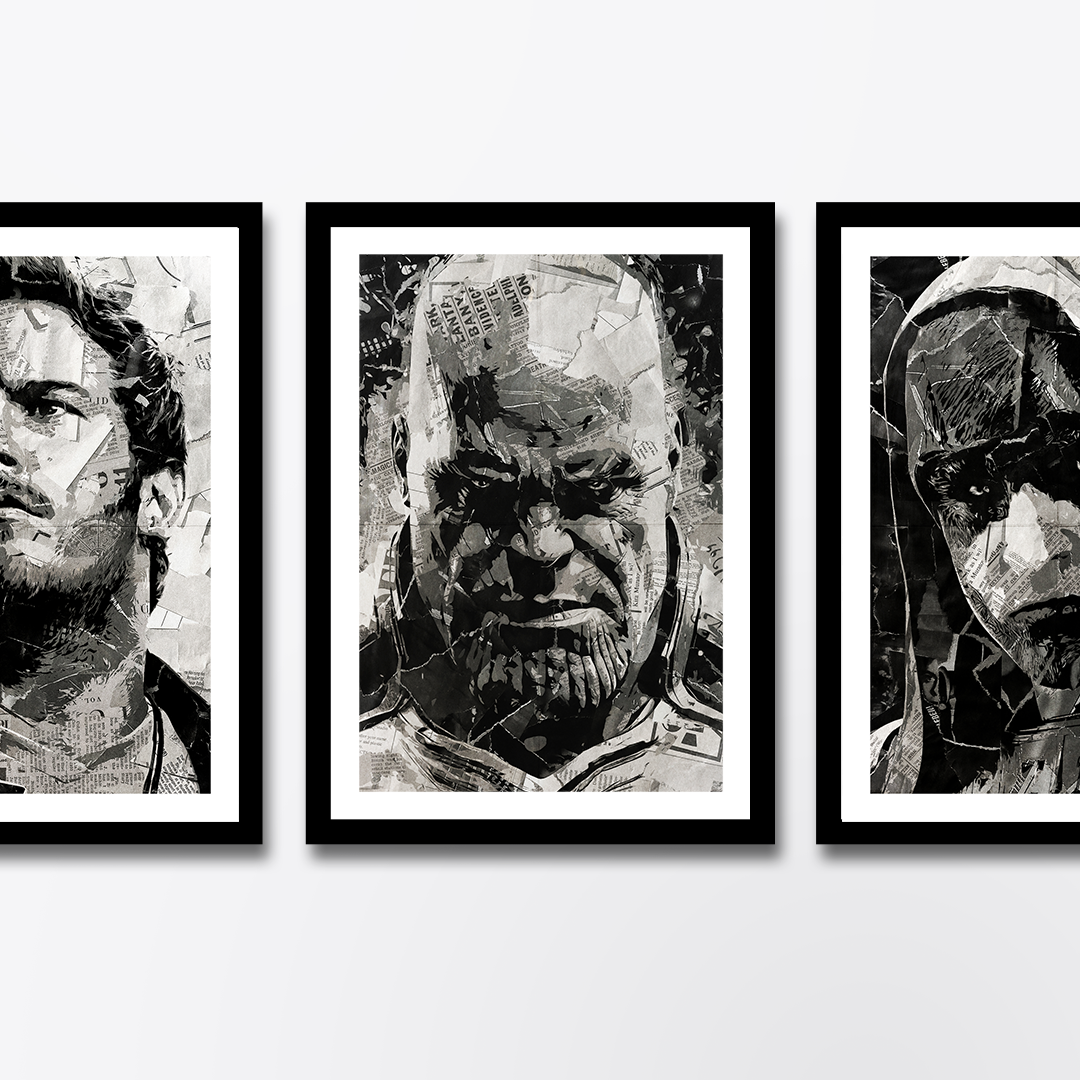 A Thanos / Josh Brolin poster design - a portrait of Thanos made using a collage of torn pieces of magazine pages in black and white.