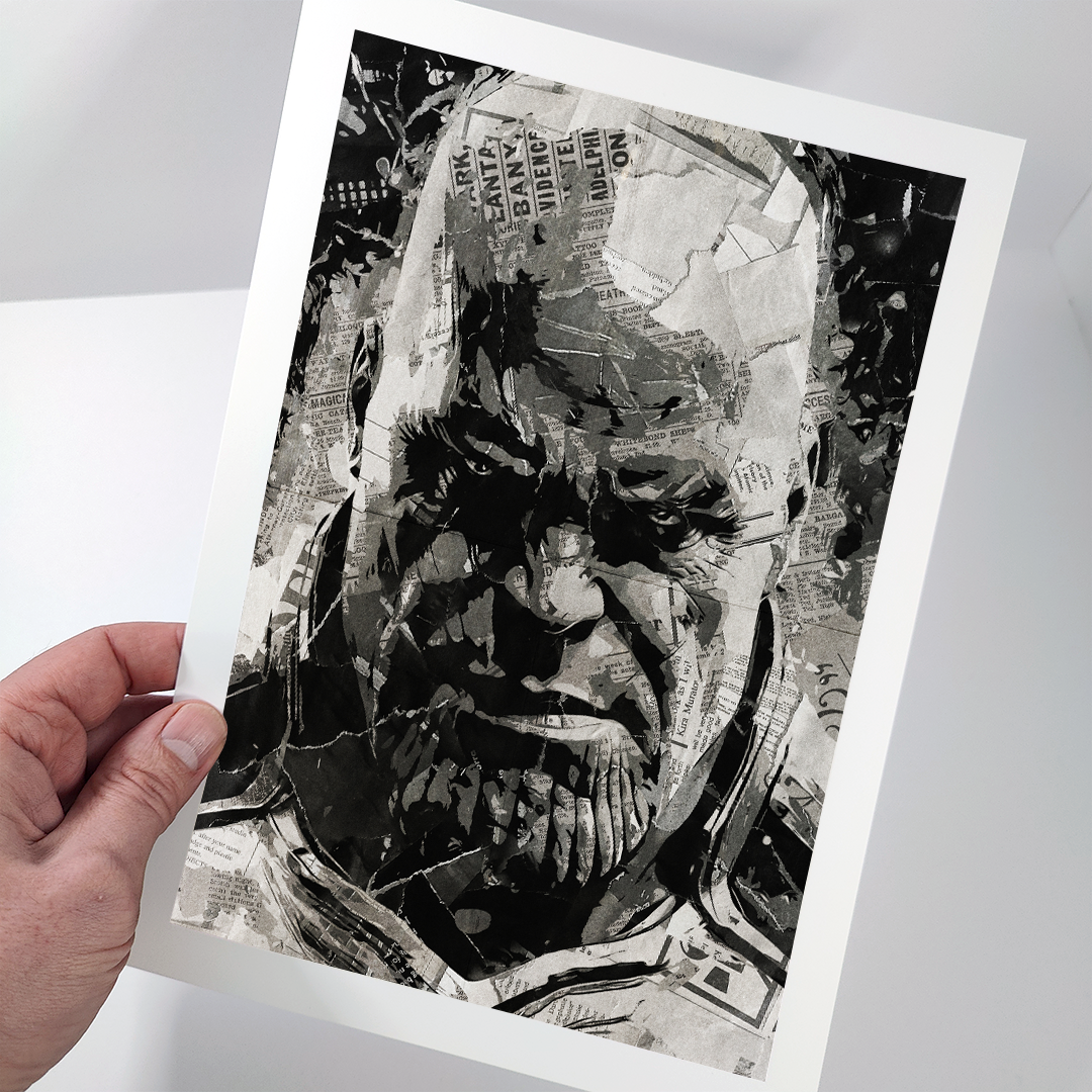 A Thanos / Josh Brolin poster design - a portrait of Thanos made using a collage of torn pieces of magazine pages in black and white.