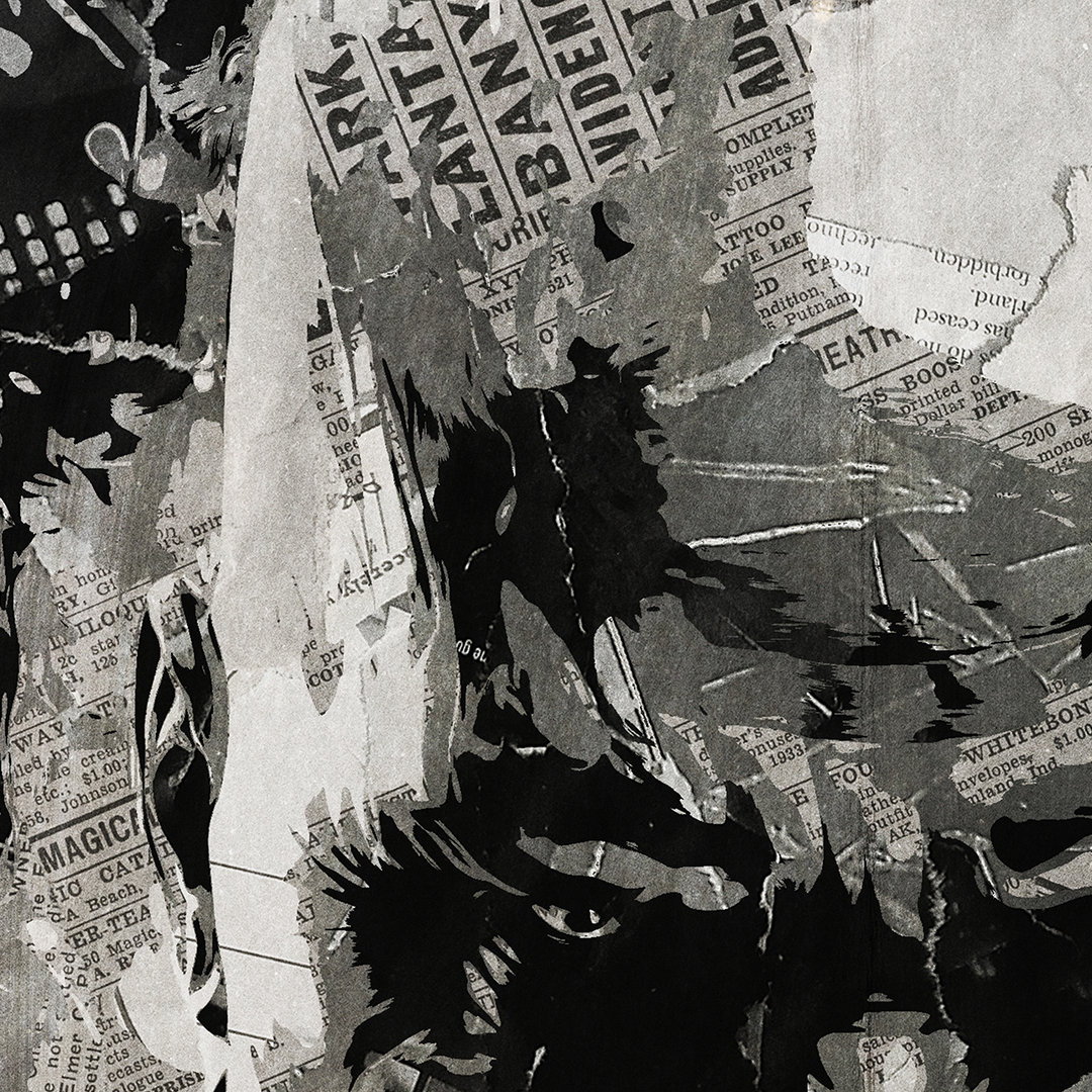 A Thanos / Josh Brolin poster design - a portrait of Thanos made using a collage of torn pieces of magazine pages in black and white.