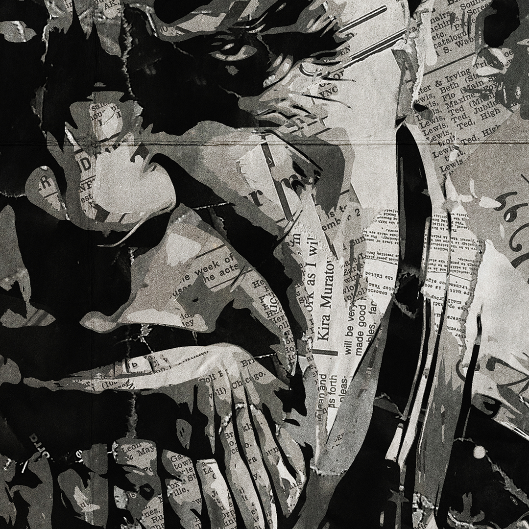 A Thanos / Josh Brolin poster design - a portrait of Thanos made using a collage of torn pieces of magazine pages in black and white.