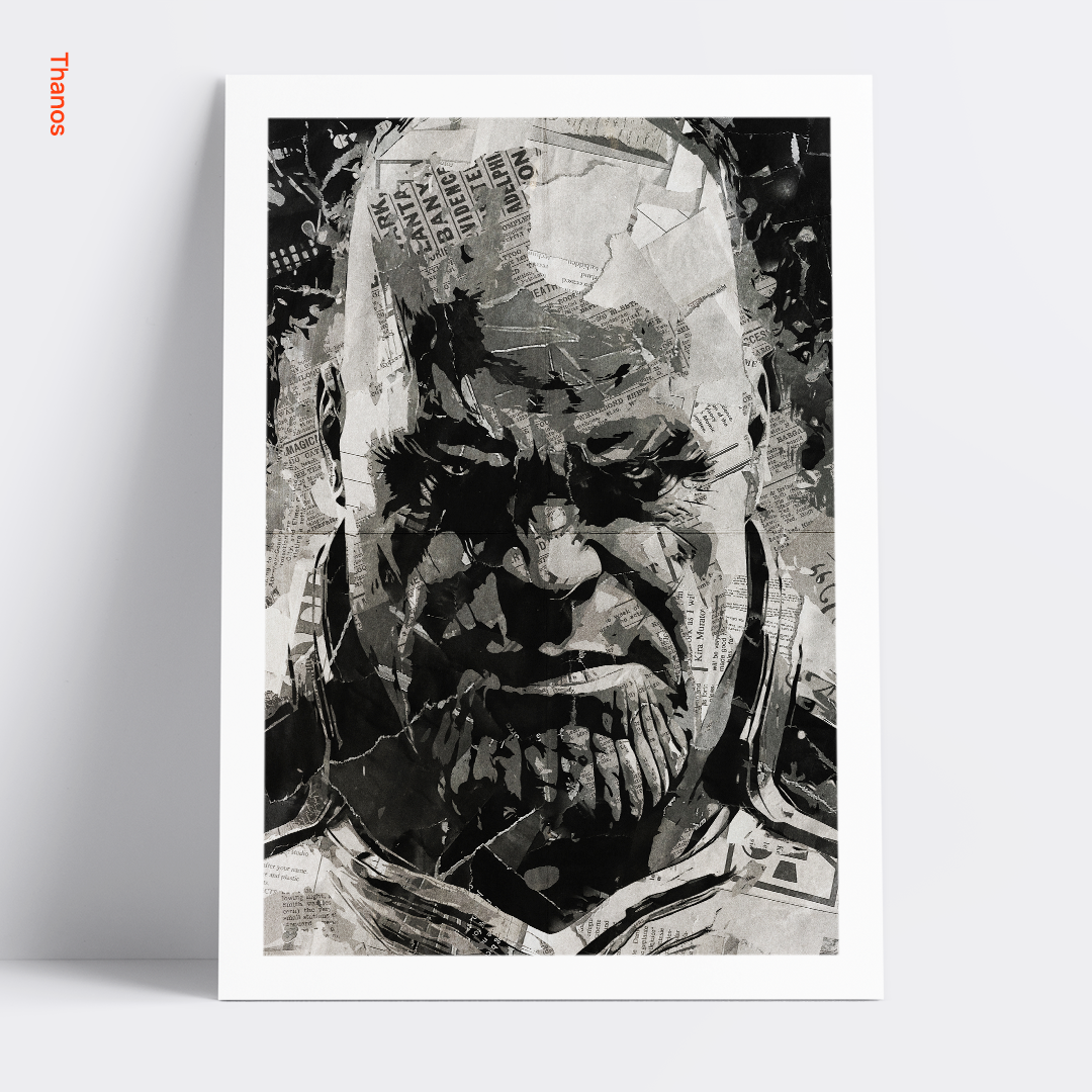 A Thanos / Josh Brolin poster design - a portrait of Thanos made using a collage of torn pieces of magazine pages in black and white.