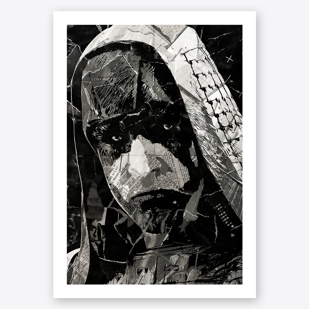 A Ronan The Accuser / Lee Pace poster design - a portrait of Ronan made using a collage of torn pieces of magazine pages in black and white.