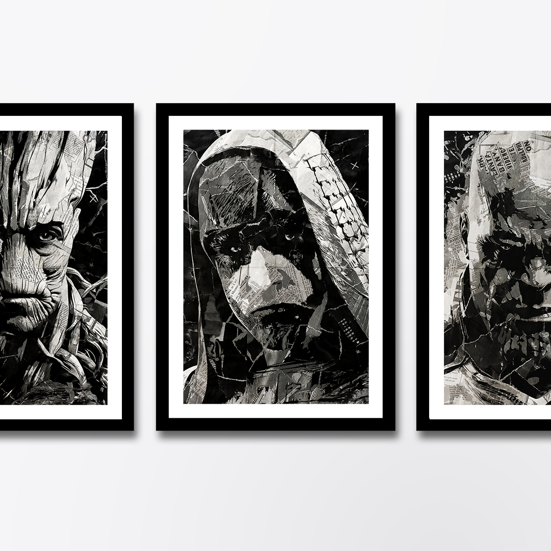 A Ronan The Accuser / Lee Pace poster design - a portrait of Ronan made using a collage of torn pieces of magazine pages in black and white.