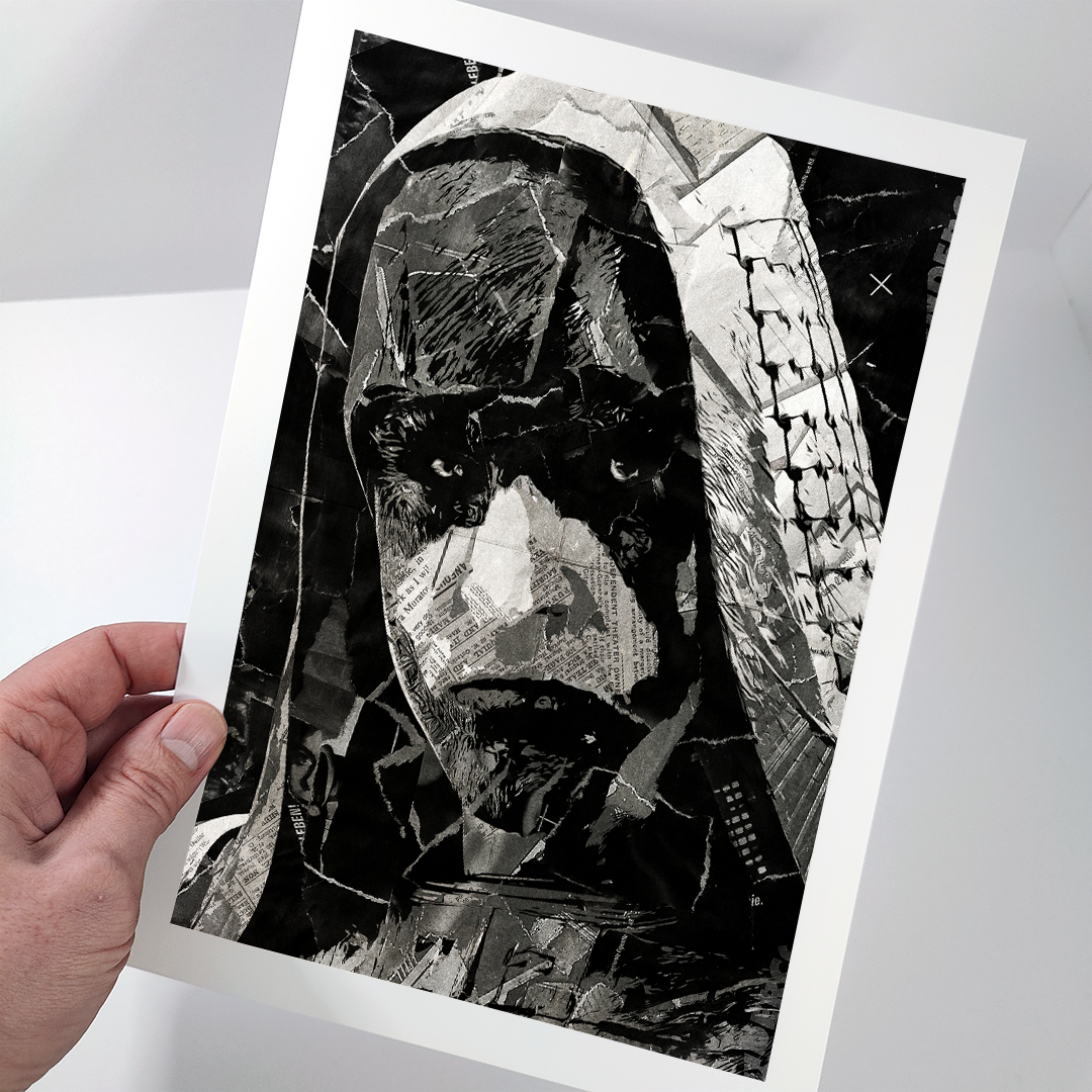 A Ronan The Accuser / Lee Pace poster design - a portrait of Ronan made using a collage of torn pieces of magazine pages in black and white.