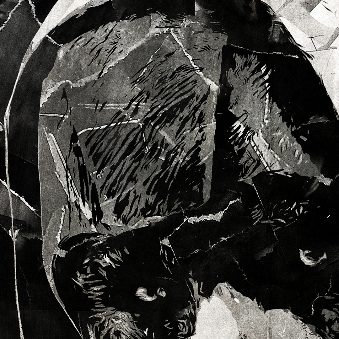 A Ronan The Accuser / Lee Pace poster design - a portrait of Ronan made using a collage of torn pieces of magazine pages in black and white.