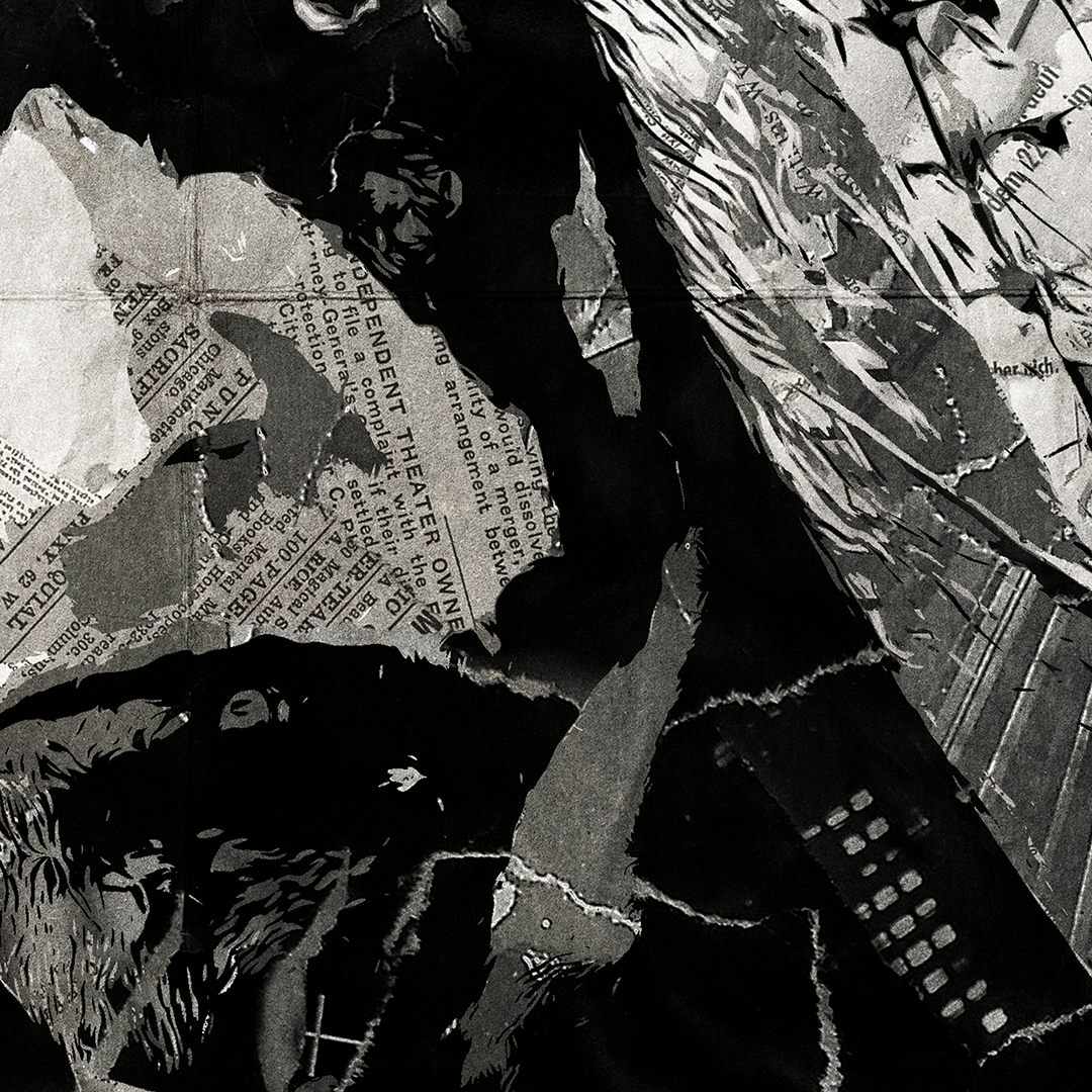 A Ronan The Accuser / Lee Pace poster design - a portrait of Ronan made using a collage of torn pieces of magazine pages in black and white.