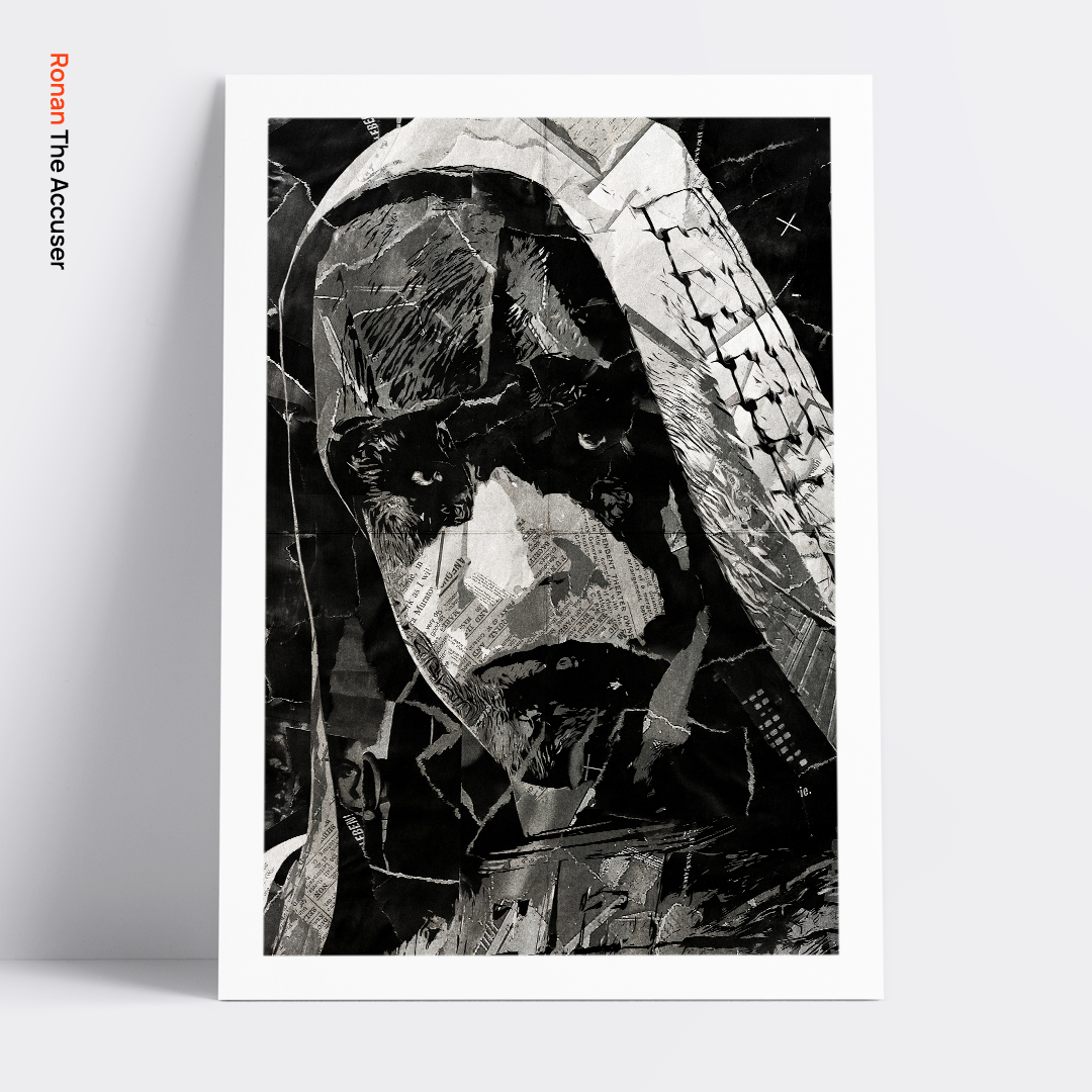 A Ronan The Accuser / Lee Pace poster design - a portrait of Ronan made using a collage of torn pieces of magazine pages in black and white.