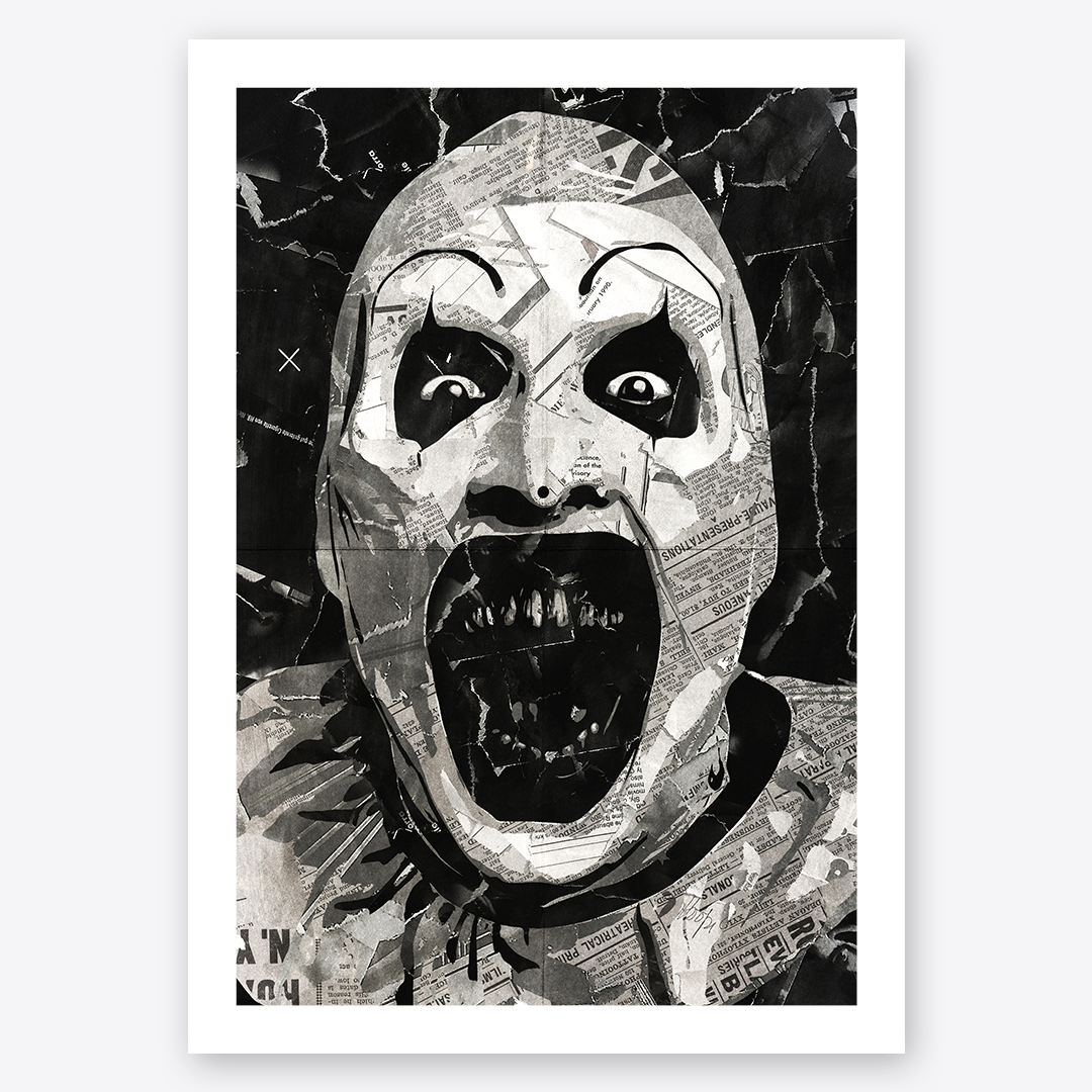 A Terrifier / Art the Clown poster design - a portrait of Art made using a collage of torn pieces of magazine pages in black and white.