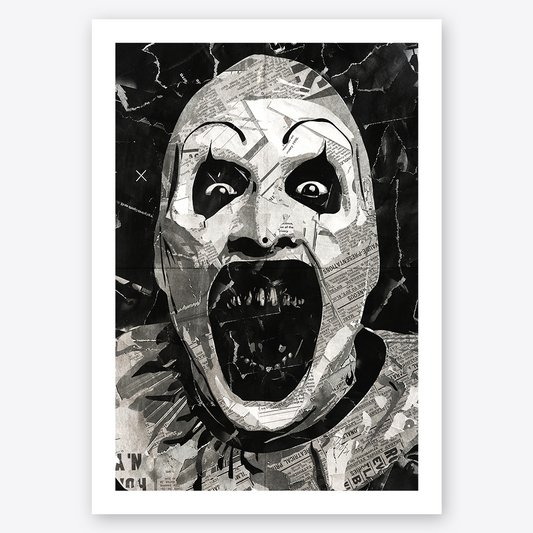 A Terrifier / Art the Clown poster design - a portrait of Art made using a collage of torn pieces of magazine pages in black and white.