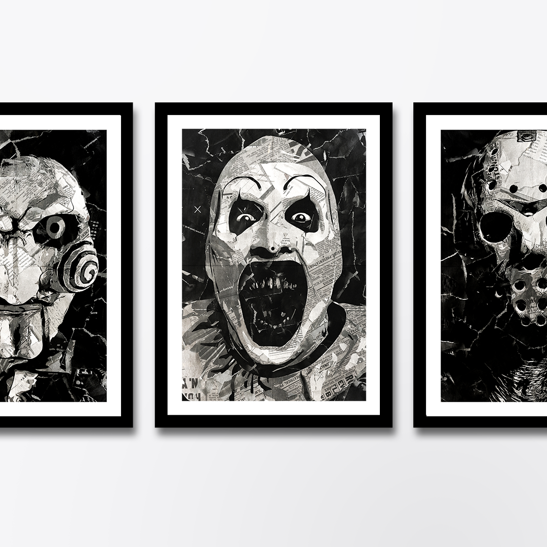 A Terrifier / Art the Clown poster design - a portrait of Art made using a collage of torn pieces of magazine pages in black and white.