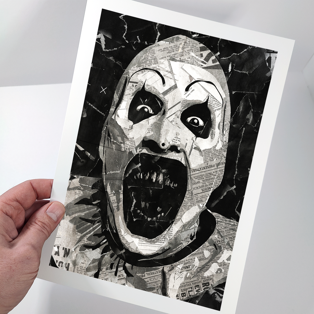 A Terrifier / Art the Clown poster design - a portrait of Art made using a collage of torn pieces of magazine pages in black and white.