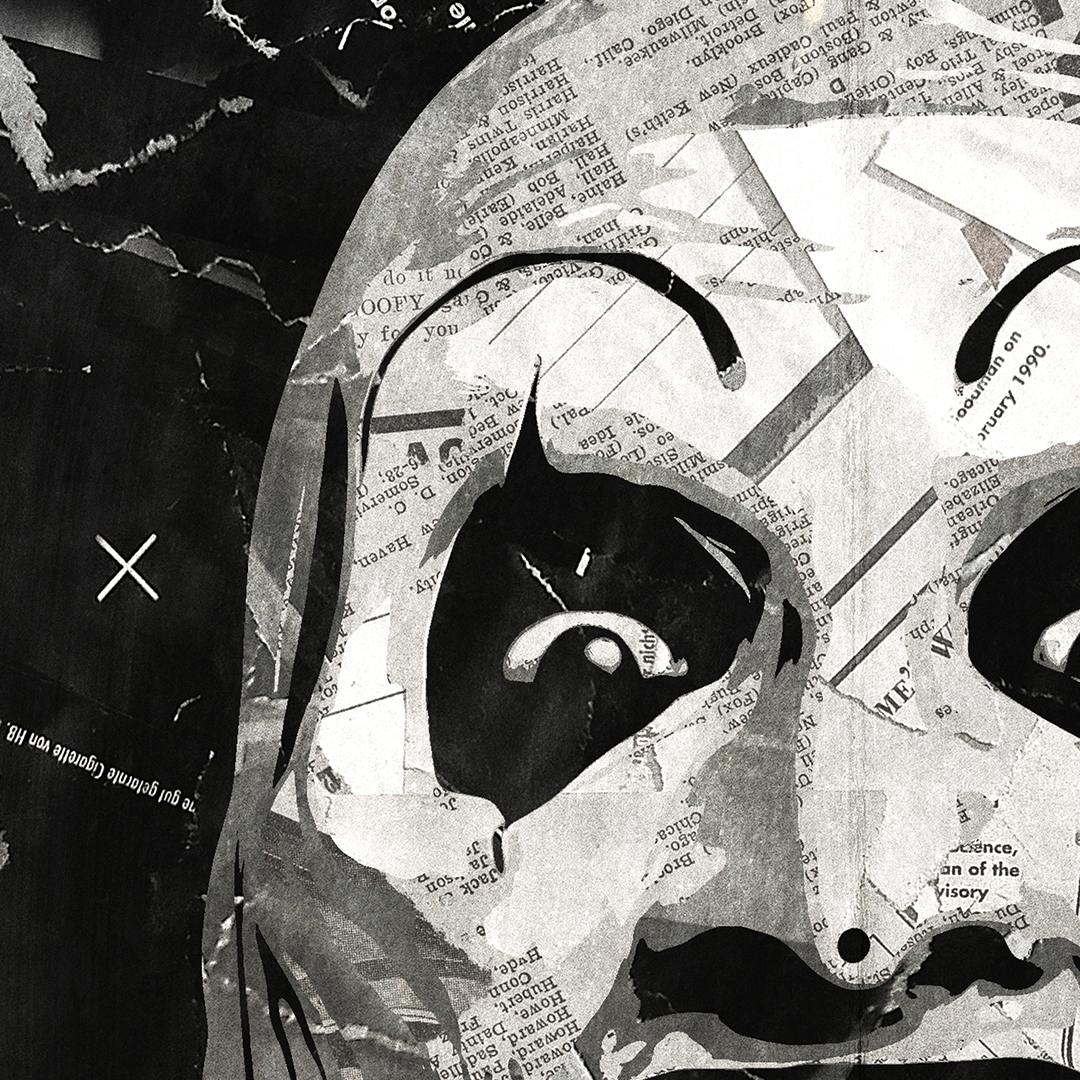 A Terrifier / Art the Clown poster design - a portrait of Art made using a collage of torn pieces of magazine pages in black and white.