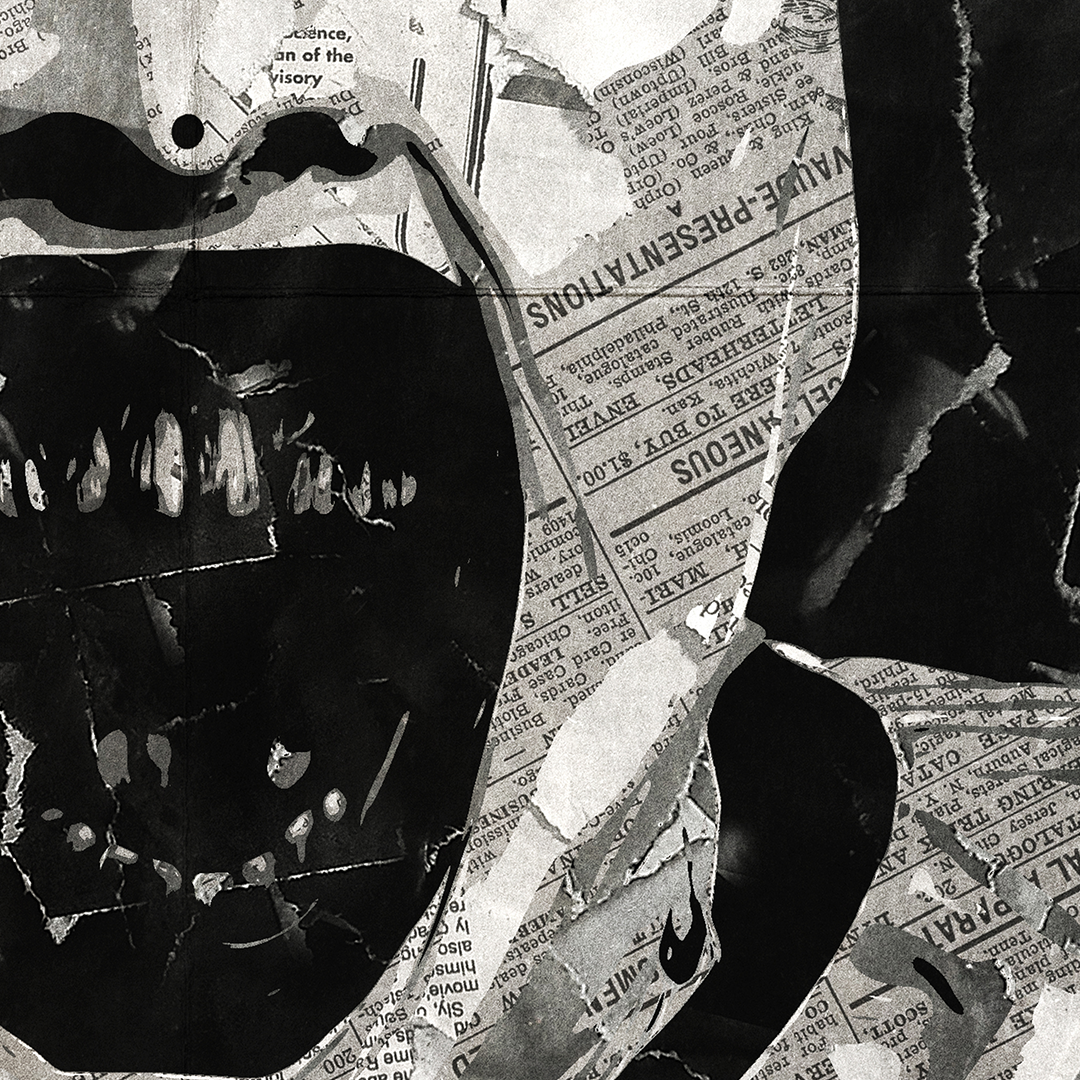 A Terrifier / Art the Clown poster design - a portrait of Art made using a collage of torn pieces of magazine pages in black and white.