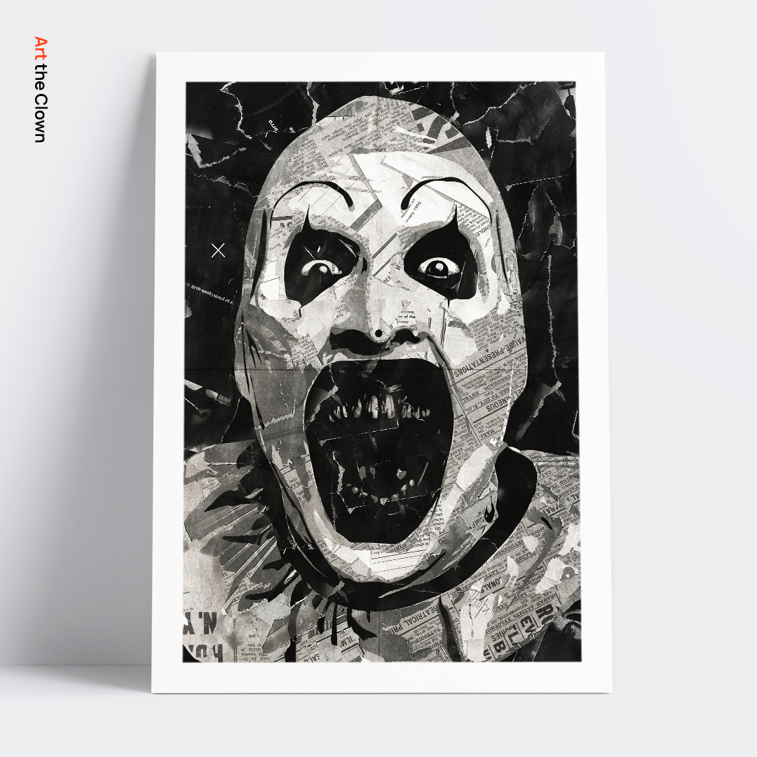 A Terrifier / Art the Clown poster design - a portrait of Art made using a collage of torn pieces of magazine pages in black and white.