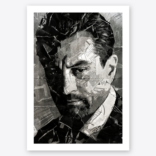A Neil McCauley (Heat) / Robert De Niro poster design - a portrait of De Niro made using a collage of torn pieces of magazine pages in black and white.