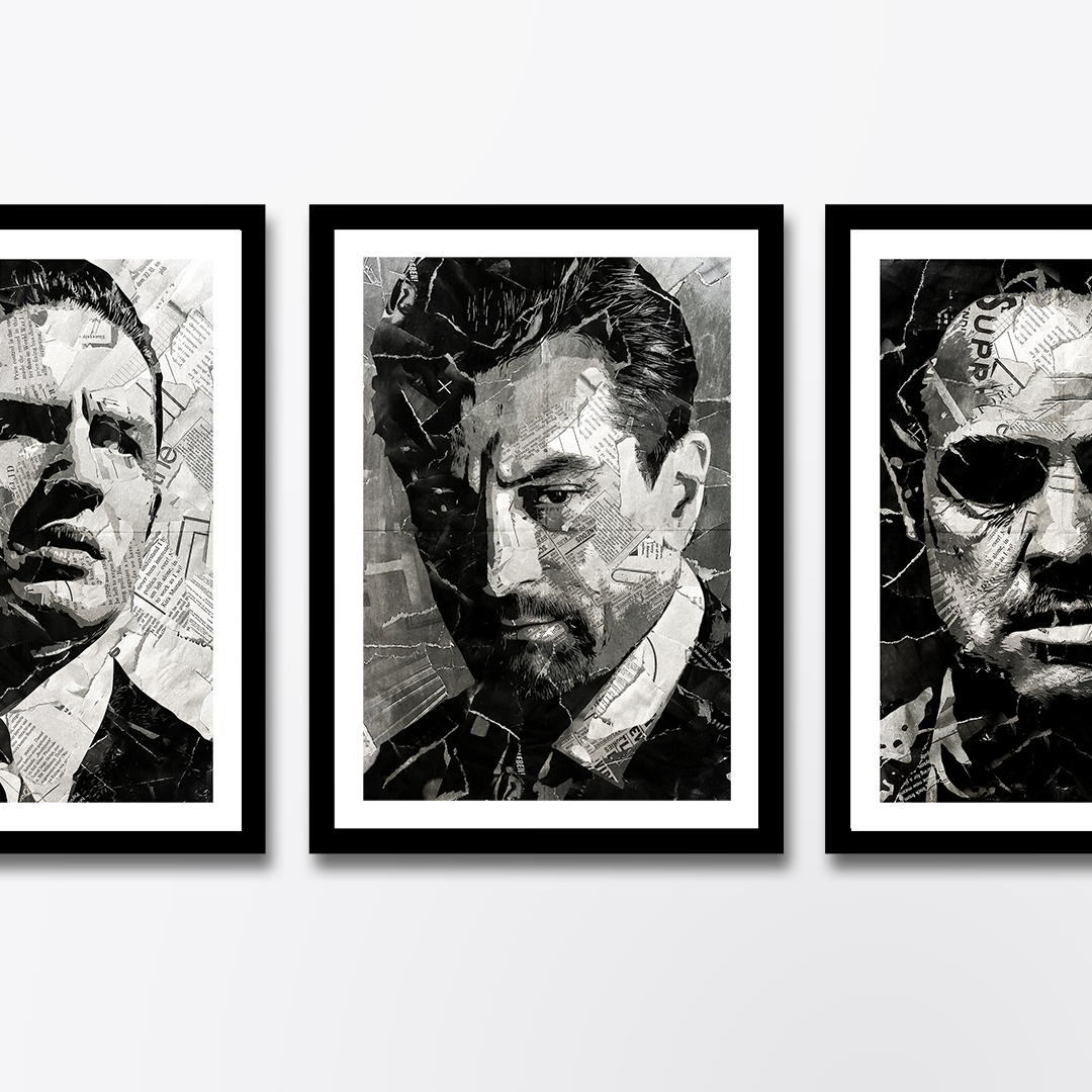 A Neil McCauley (Heat) / Robert De Niro poster design - a portrait of De Niro made using a collage of torn pieces of magazine pages in black and white.