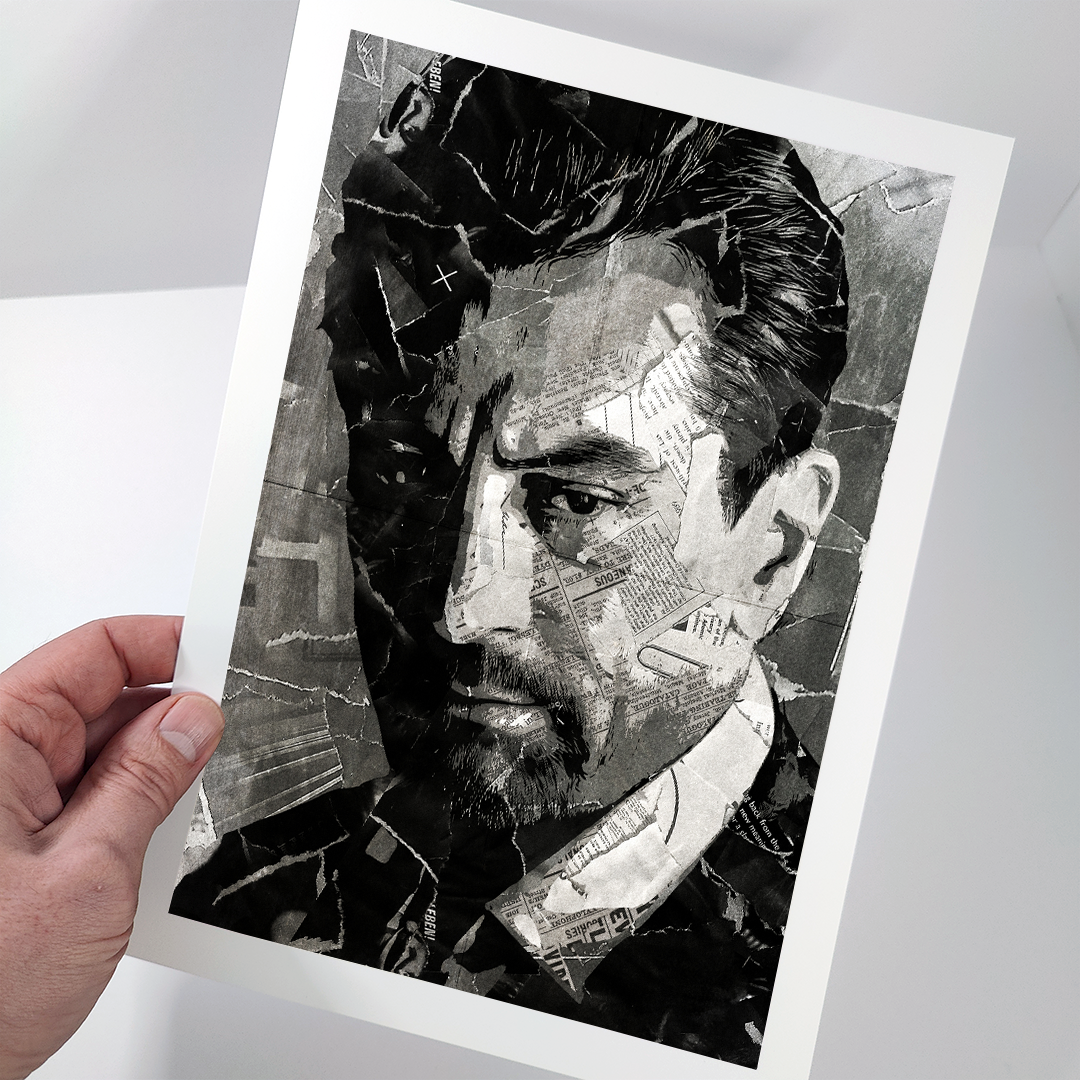 A Neil McCauley (Heat) / Robert De Niro poster design - a portrait of De Niro made using a collage of torn pieces of magazine pages in black and white.