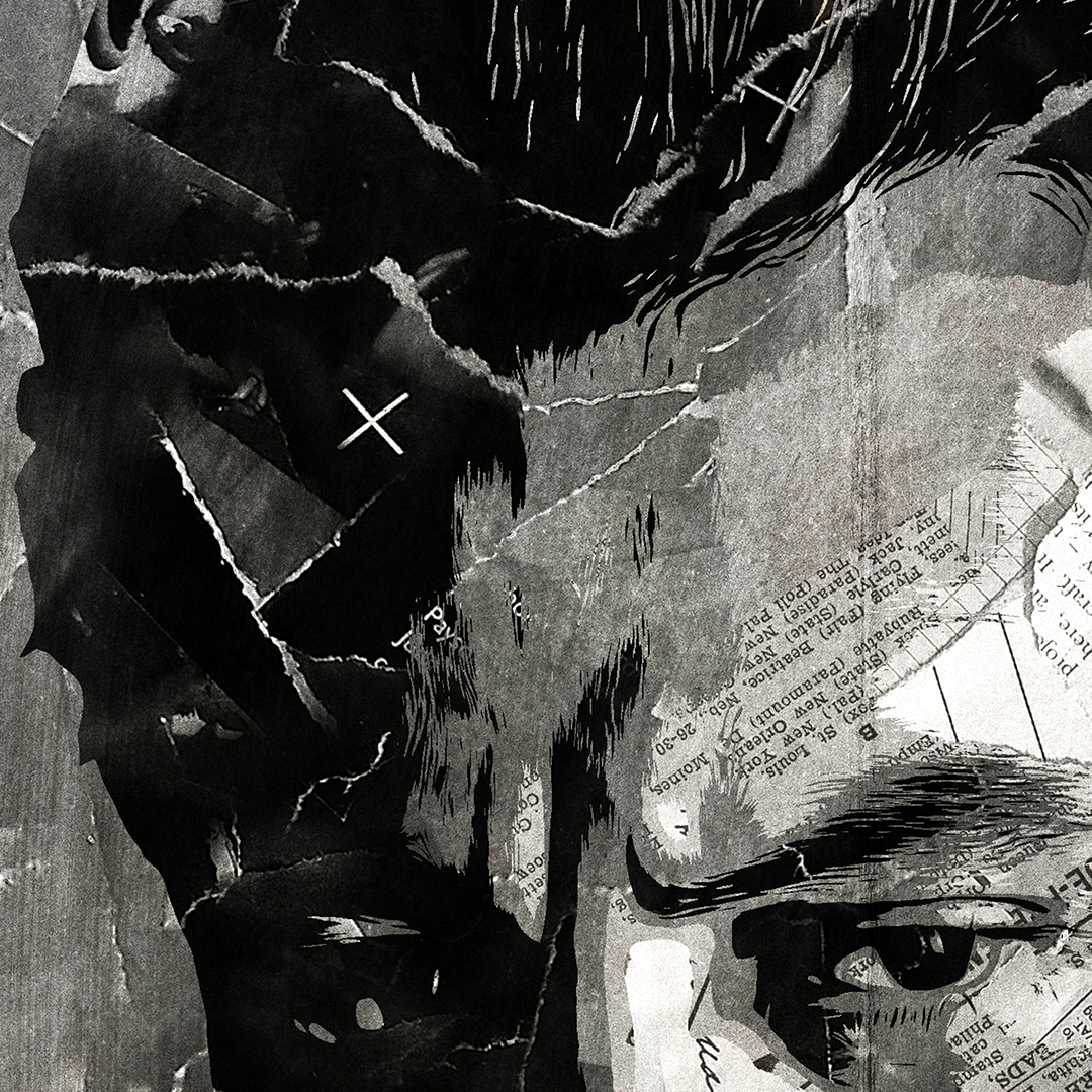 A Neil McCauley (Heat) / Robert De Niro poster design - a portrait of De Niro made using a collage of torn pieces of magazine pages in black and white.